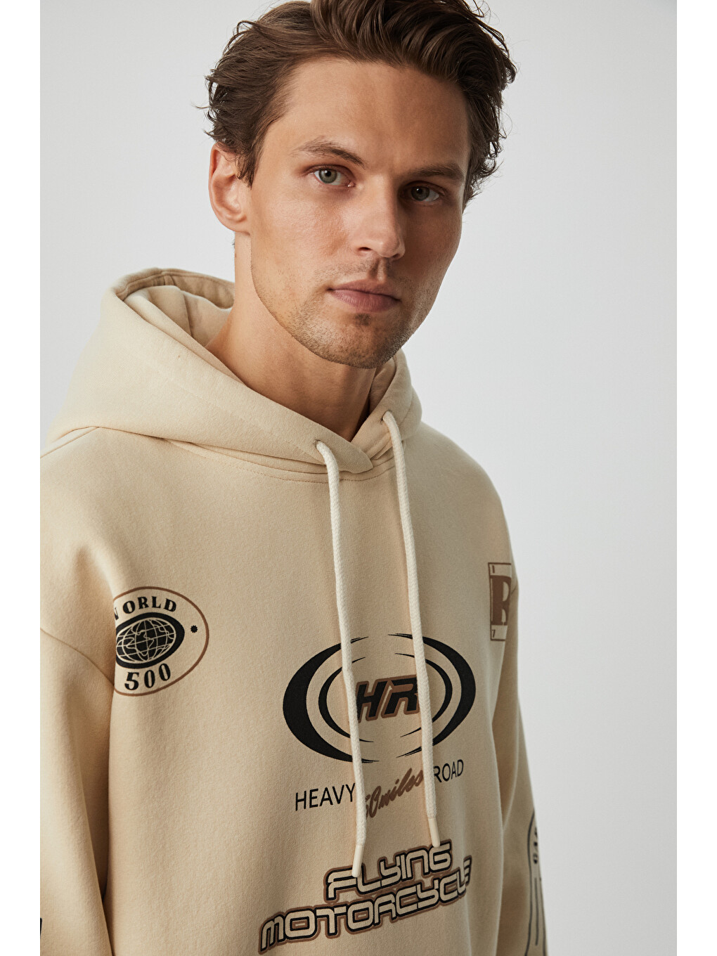 Mıles Erkek Kapüşonlu Yumuşacık Oversize Bej Sweatshirt-1
