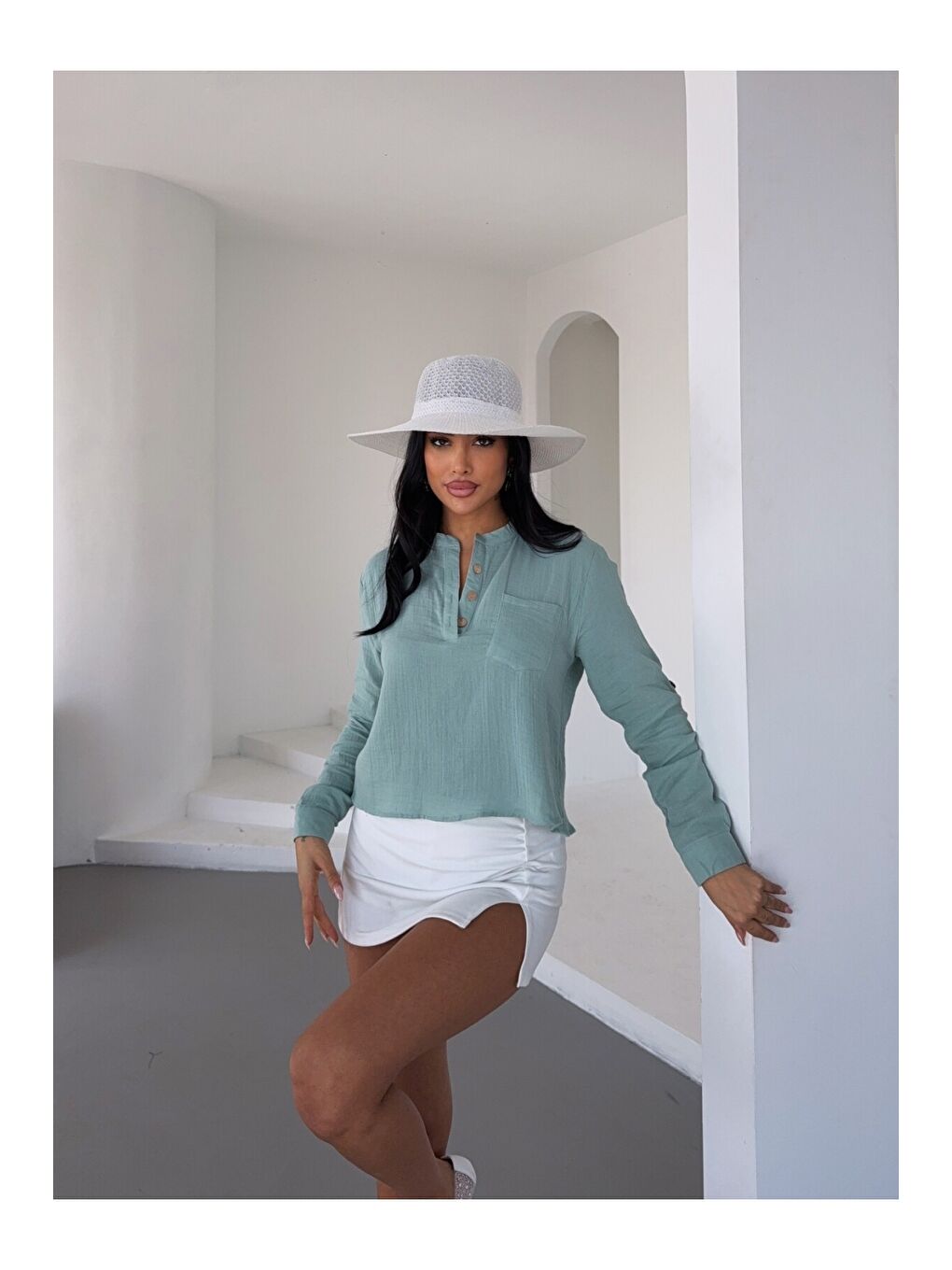 Hakim Yaka Müslin Gömlek Bluz Yeşil-2