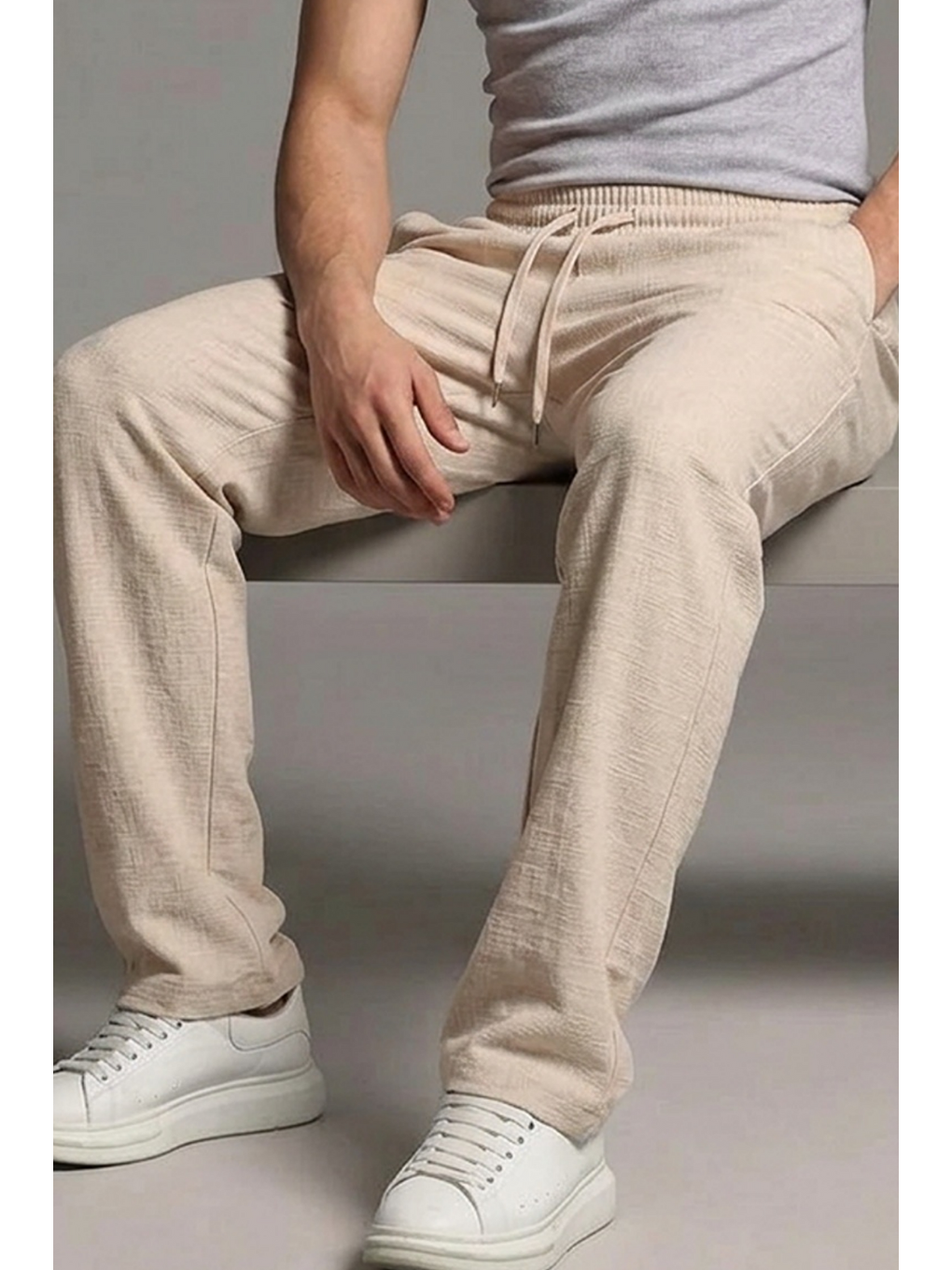 Ekru Erkek Esnek Casual Krem Baggy Pantolon-5