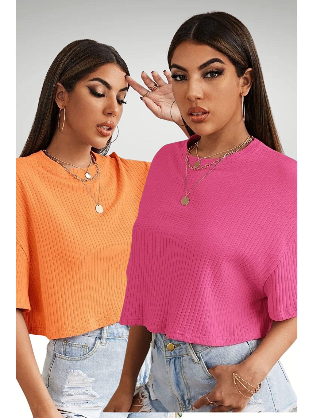 Trendseninle Pembe-Turuncu Kadın Pembe Turuncu Oversize Fitilli Bel Crop Bluz 2Li Set - 1