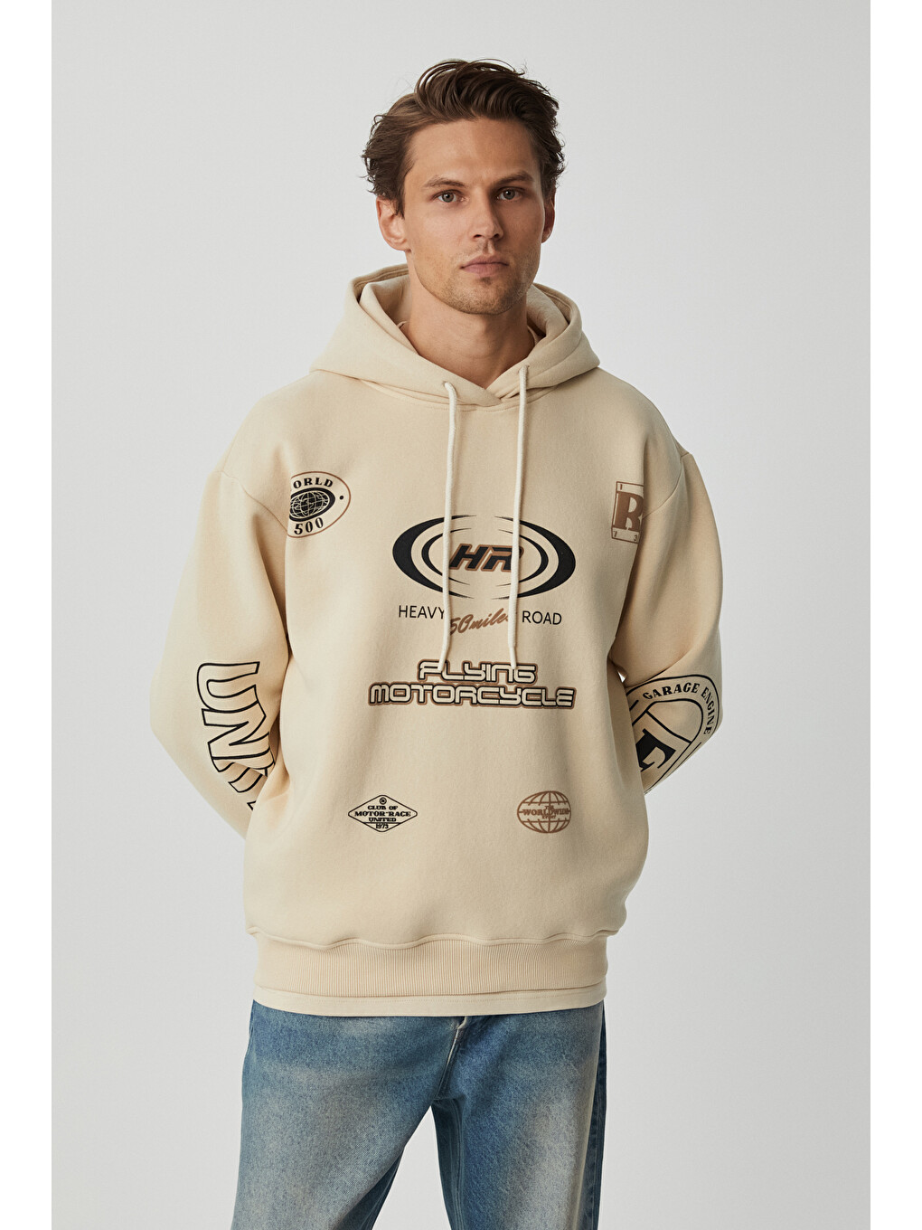 Mıles Erkek Kapüşonlu Yumuşacık Oversize Bej Sweatshirt-2