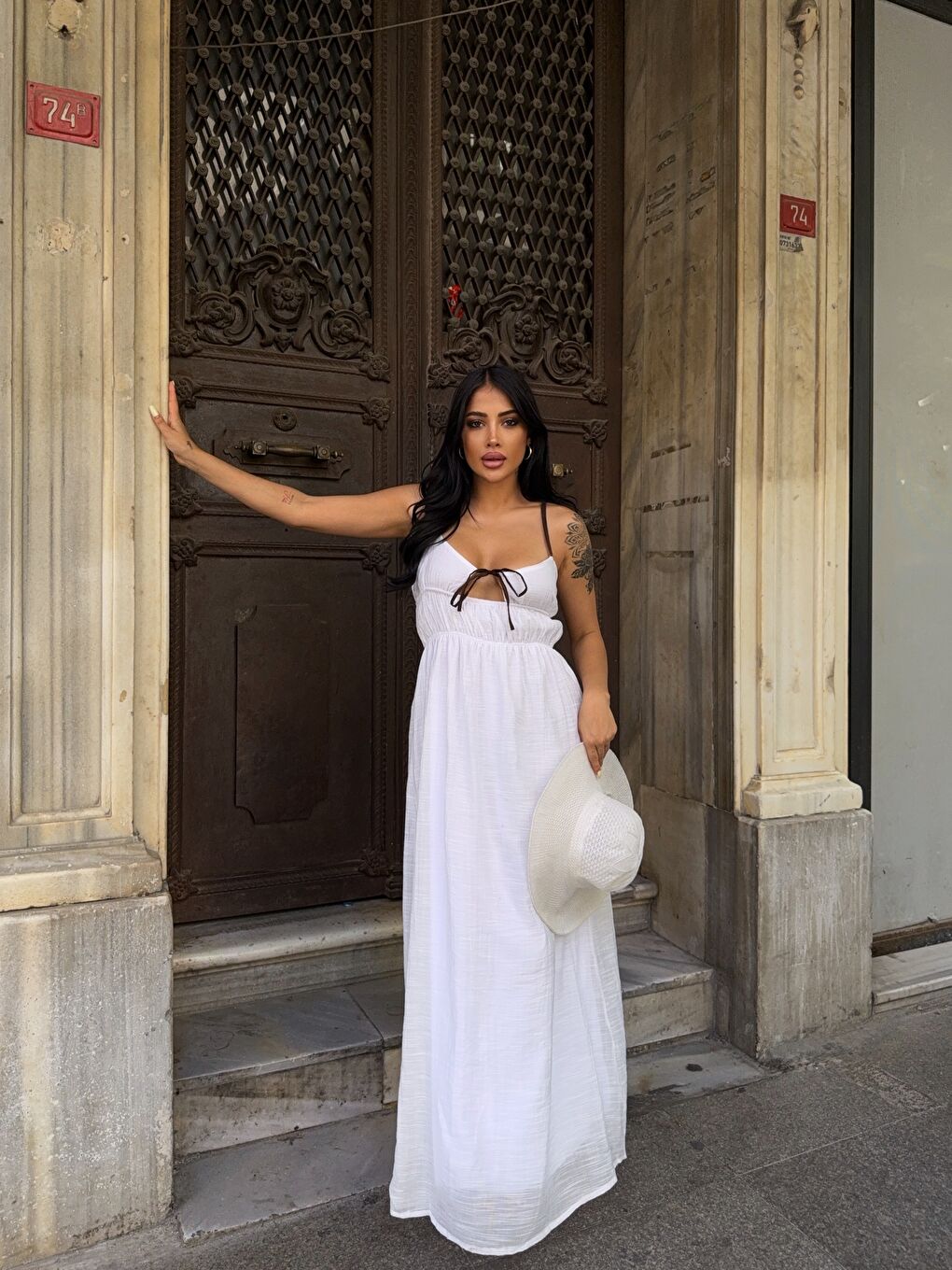 Askılı Göğüs Bağlama Detay Keten Elbise Beyaz