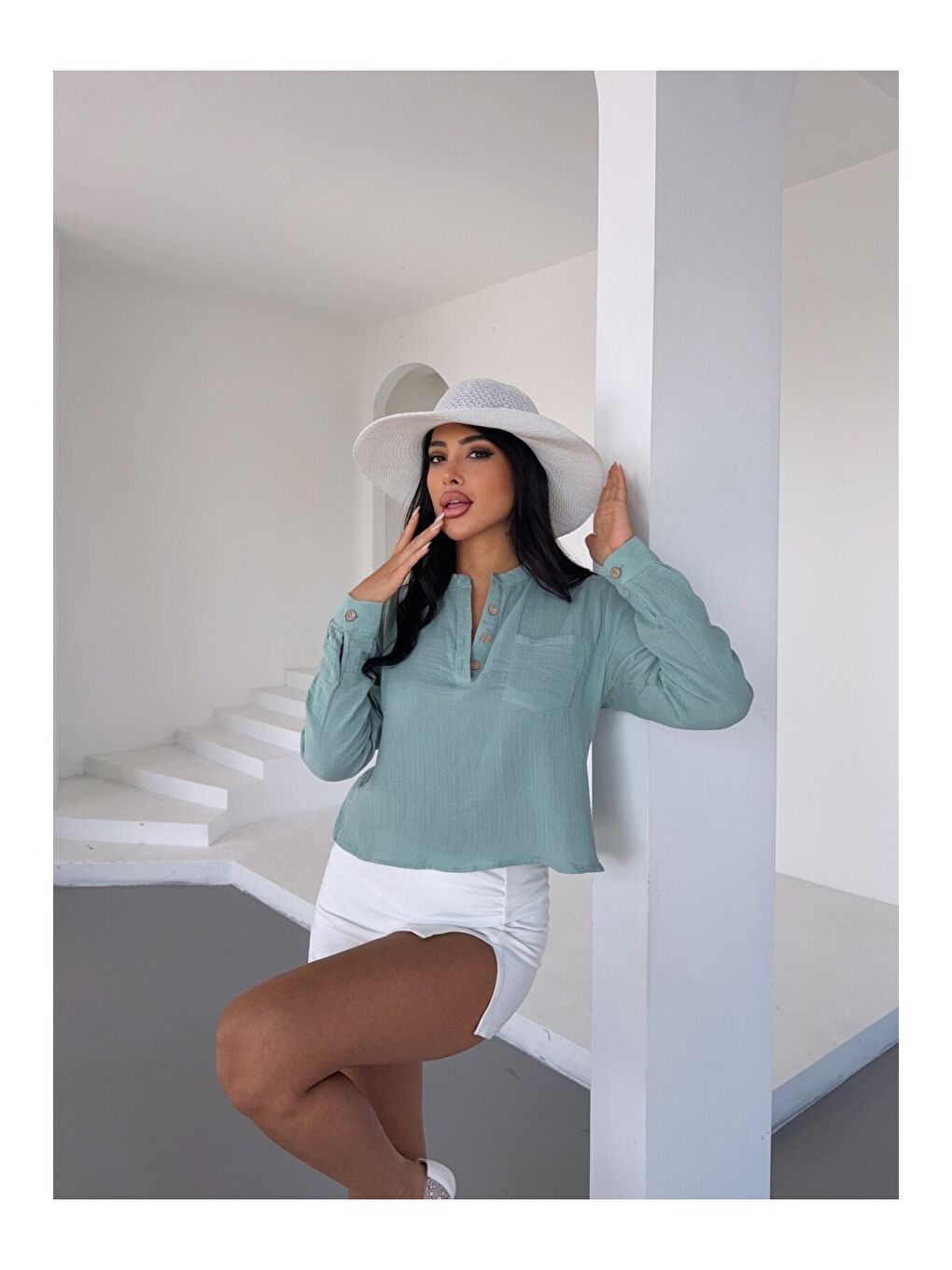 Hakim Yaka Müslin Gömlek Bluz Yeşil-3