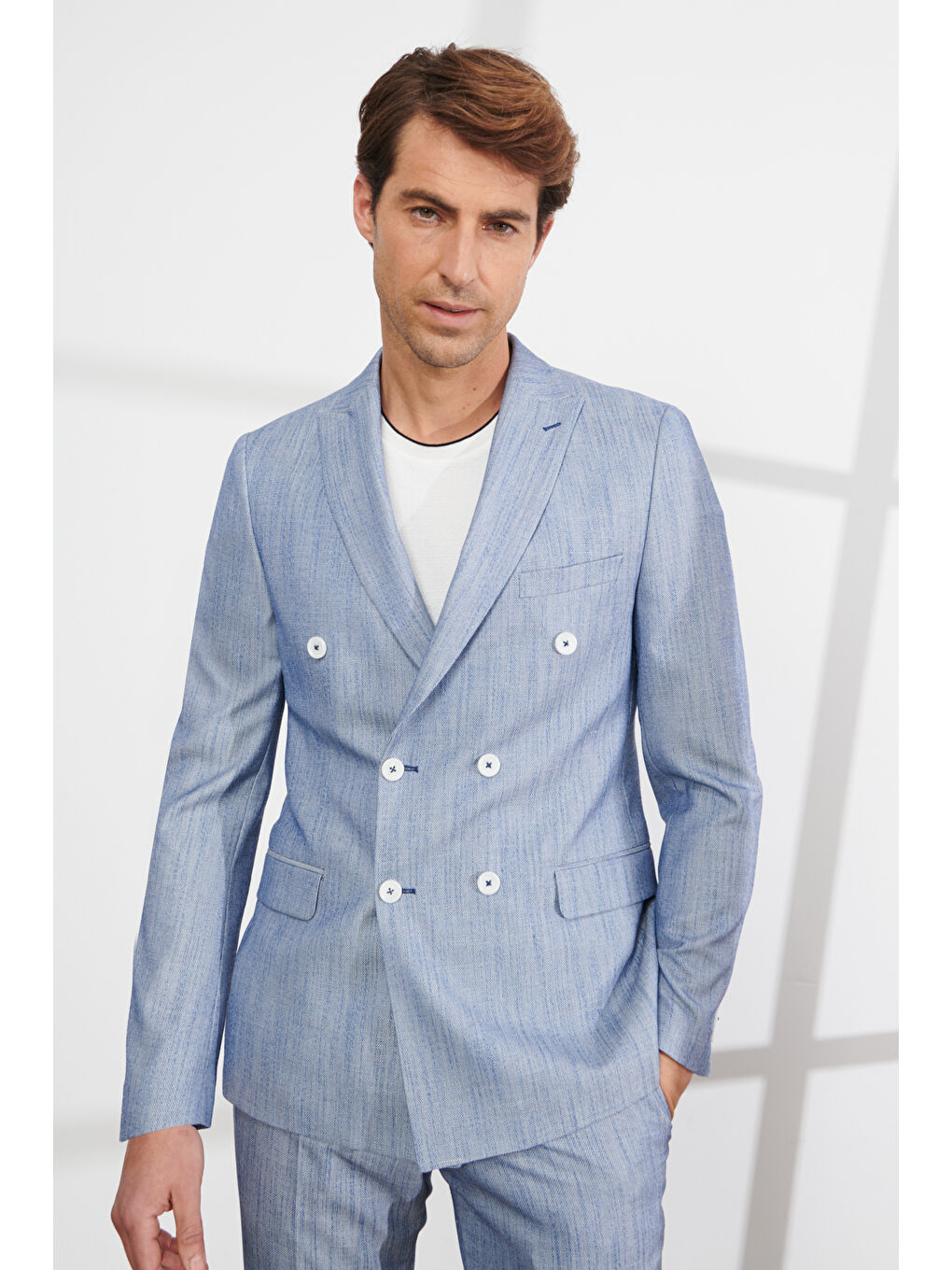 Erkek Mavi Slim Fit Dar Kesim Kırlangıç Yaka Desenli Takım Elbise