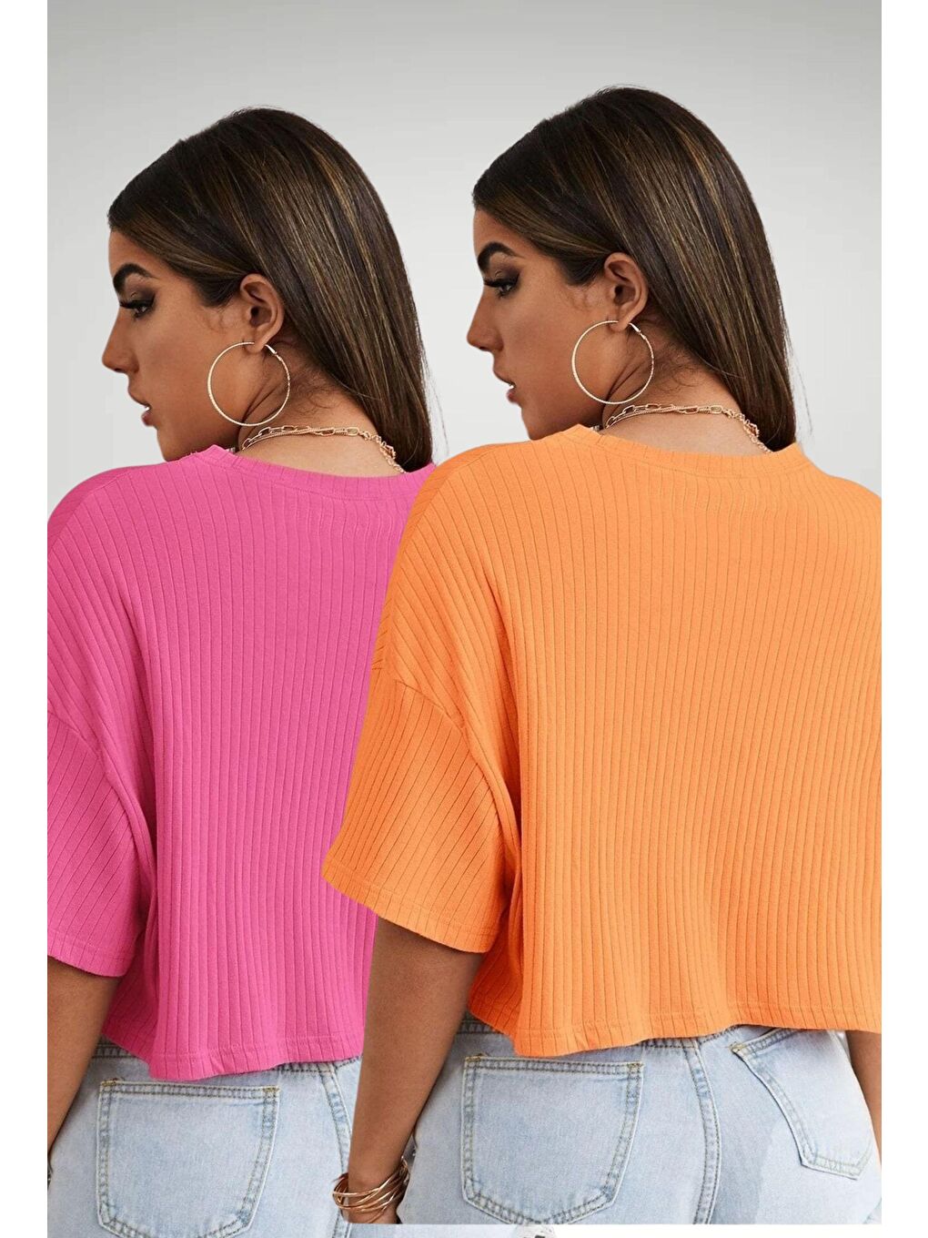 Trendseninle Pembe-Turuncu Kadın Pembe Turuncu Oversize Fitilli Bel Crop Bluz 2Li Set - 2