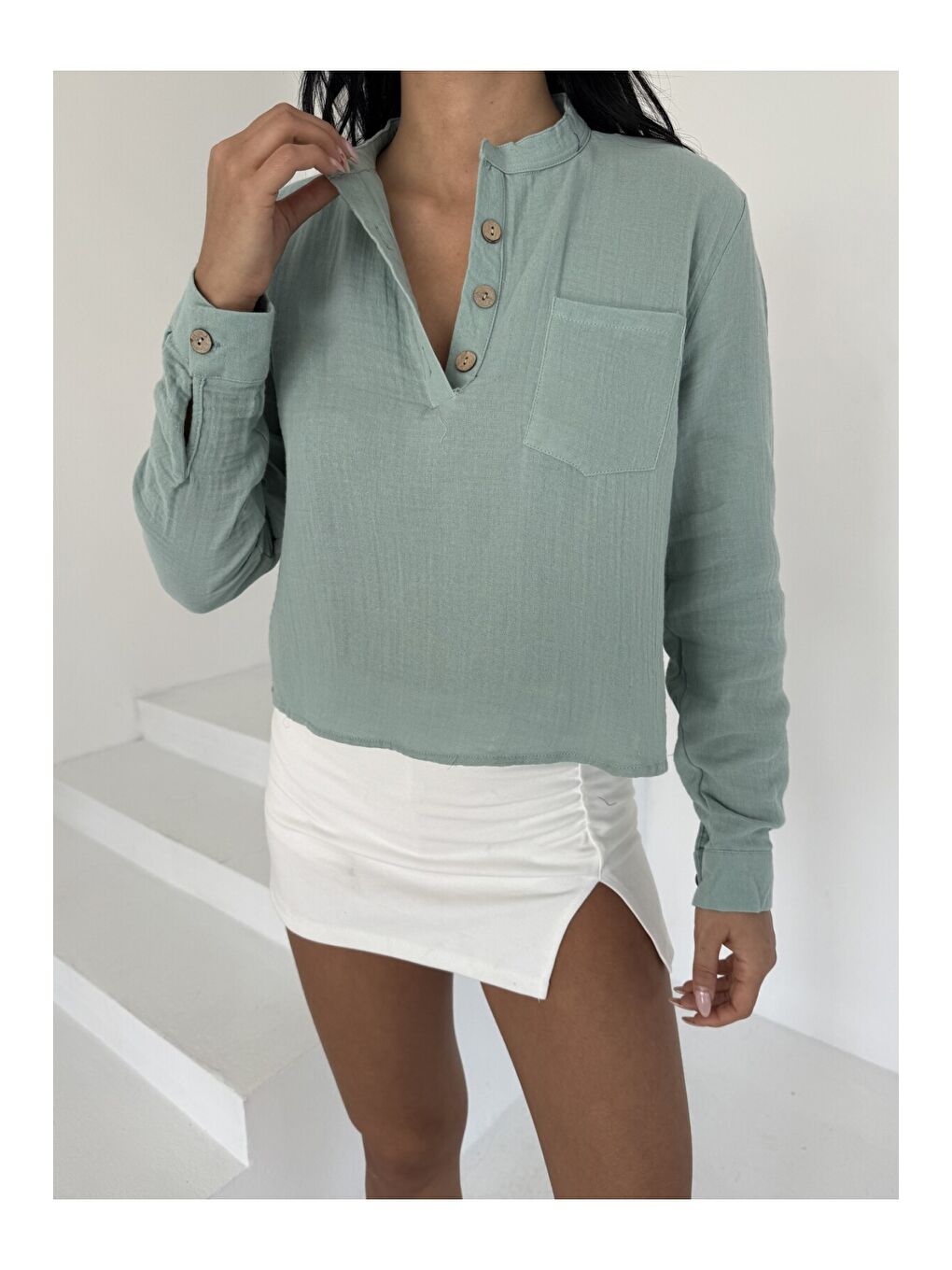 Hakim Yaka Müslin Gömlek Bluz Yeşil-4