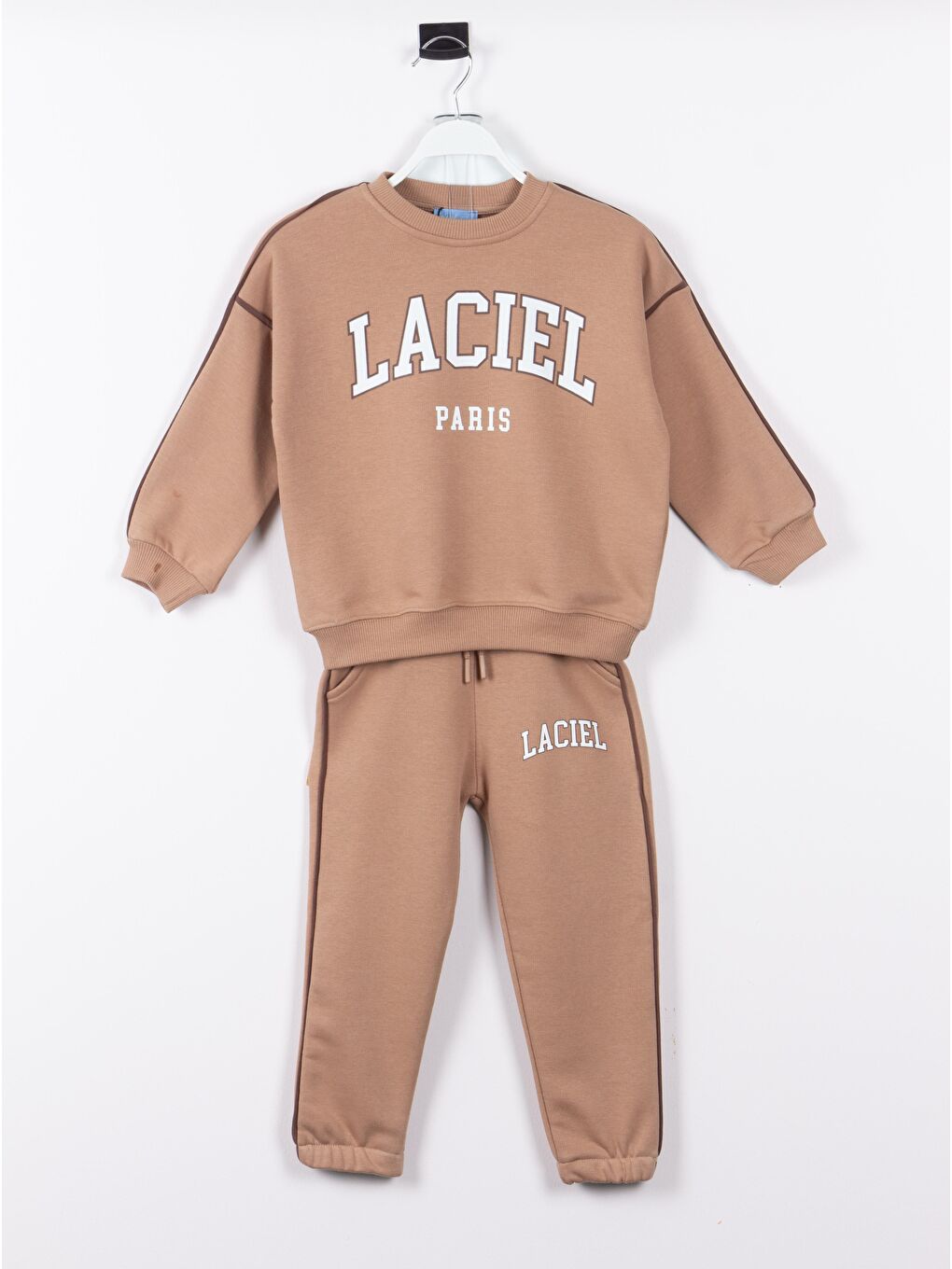 Bej Unisex Çocuk Slogan Desenli Pamuklu Sweatshirt Eşofman Tayt Alt-Üst Takım-1