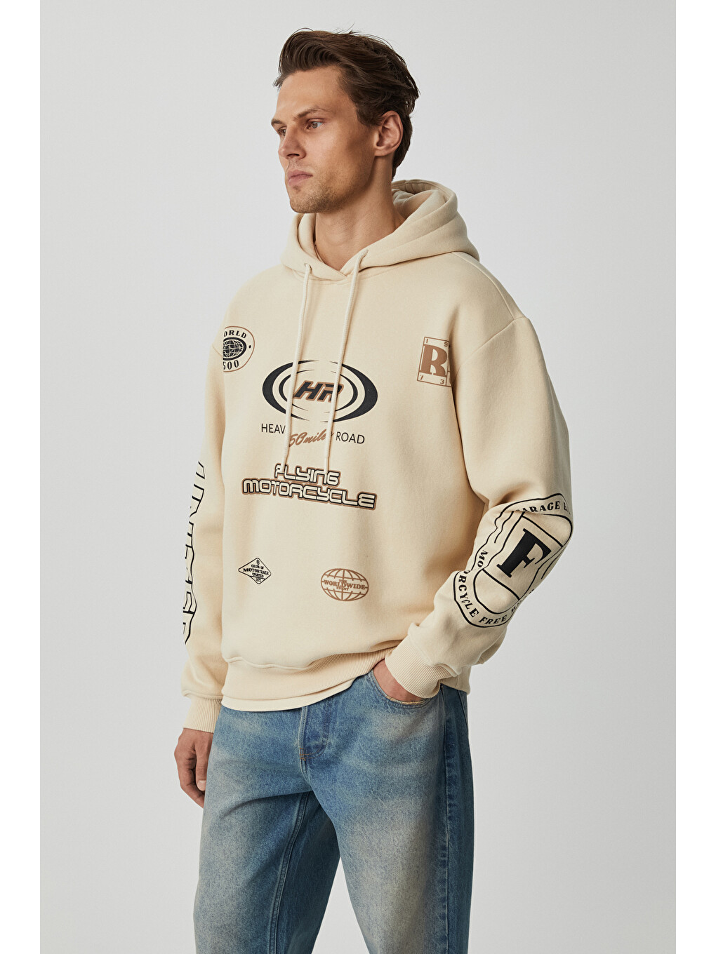 Mıles Erkek Kapüşonlu Yumuşacık Oversize Bej Sweatshirt-3
