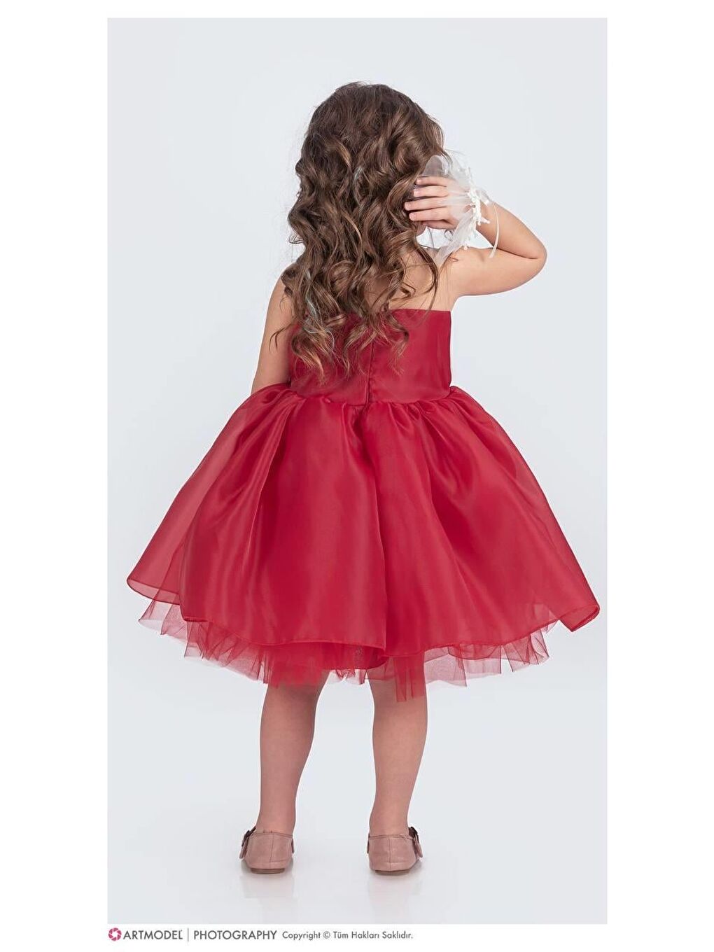 Kırmızı Kız Çocuk Prenses Elbise – Tüllü Çiçek Detaylı Abiye 4-8 Yaş Özel Elbisesi-2