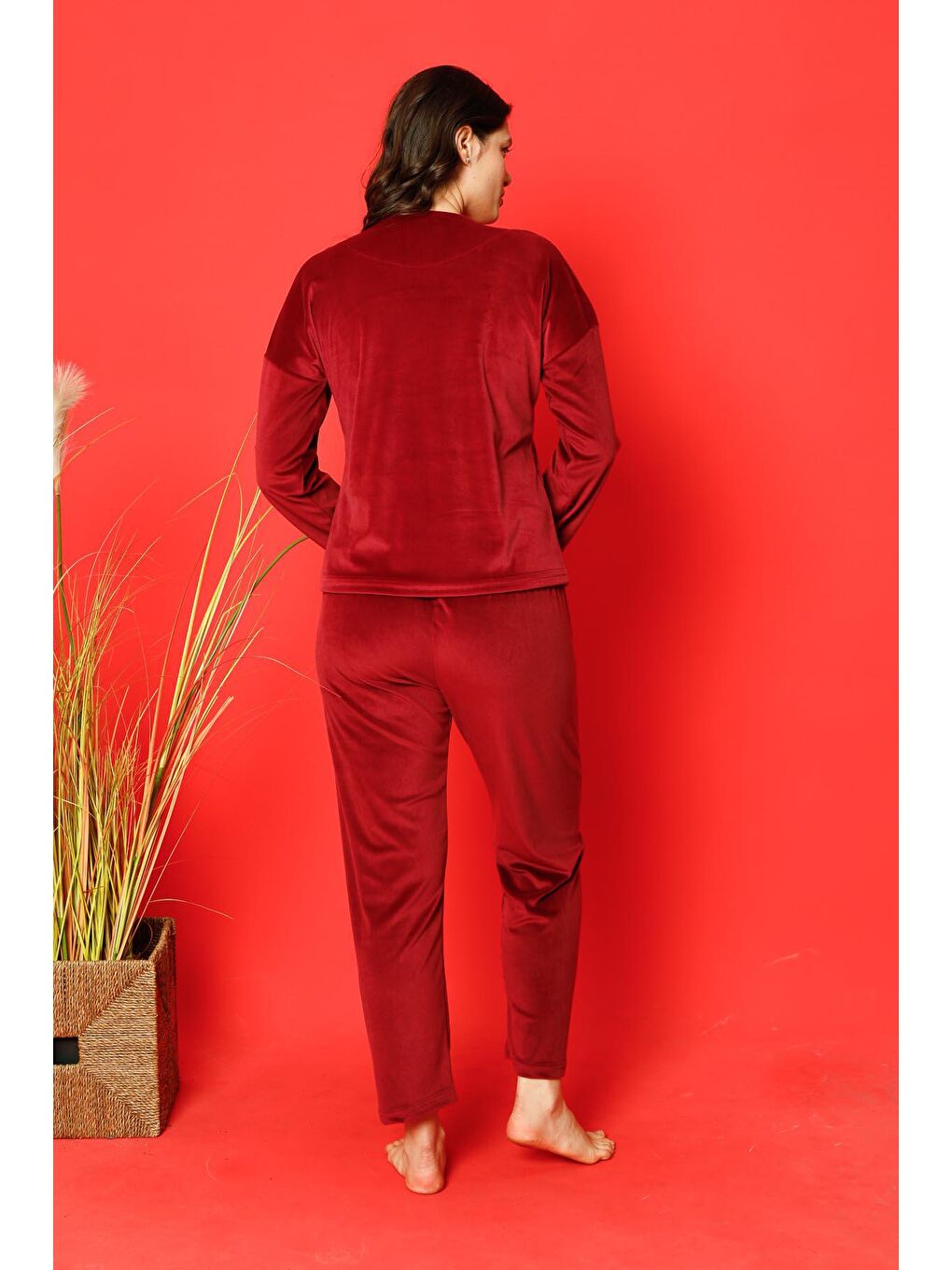 Bordo Kadın Pijama Takımı Fransız Kadife Cannes Kabartmalı Paça Reşmeli Kışlık Mevsimlik-5
