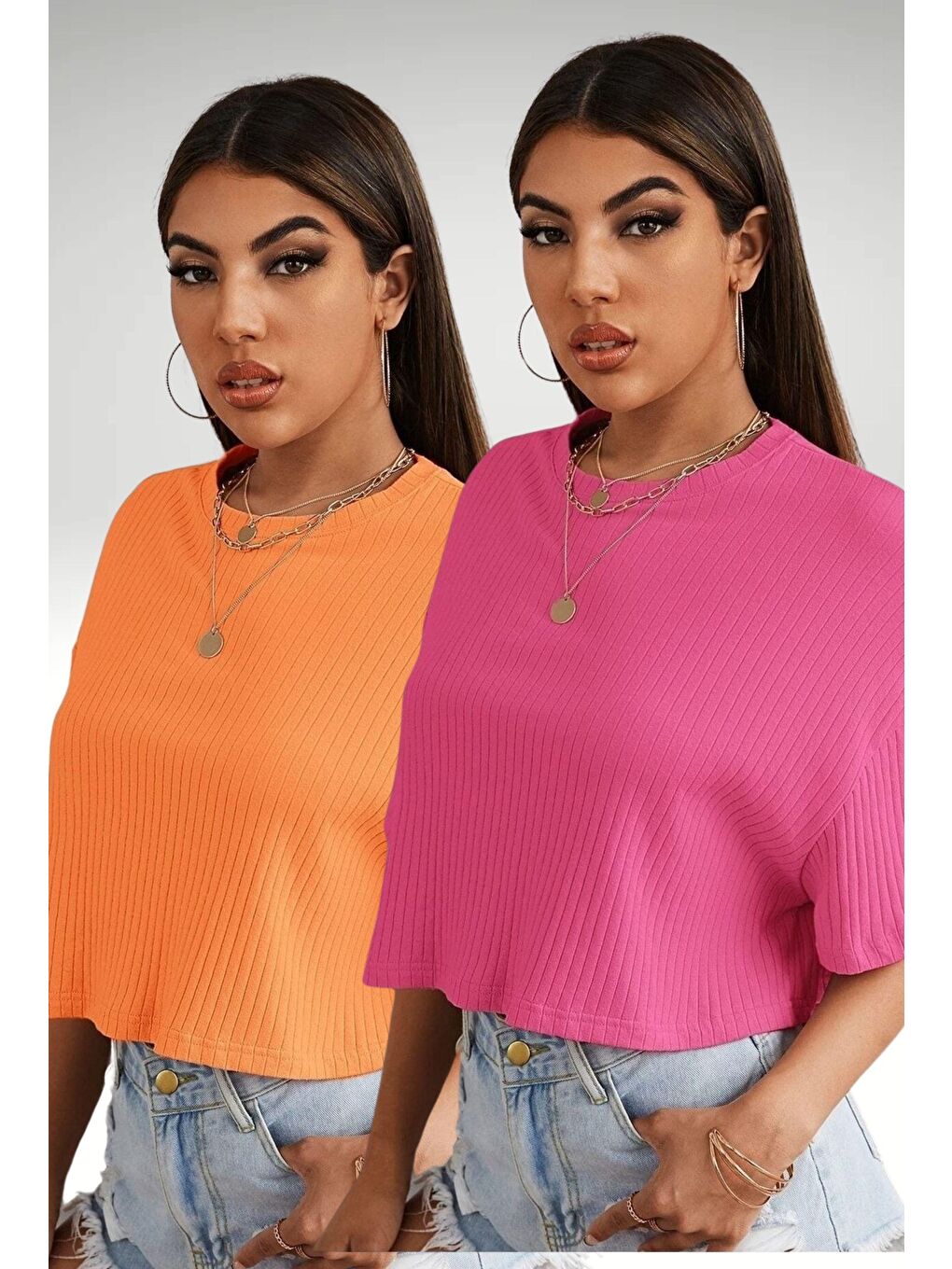 Trendseninle Pembe-Turuncu Kadın Pembe Turuncu Oversize Fitilli Bel Crop Bluz 2Li Set - 3