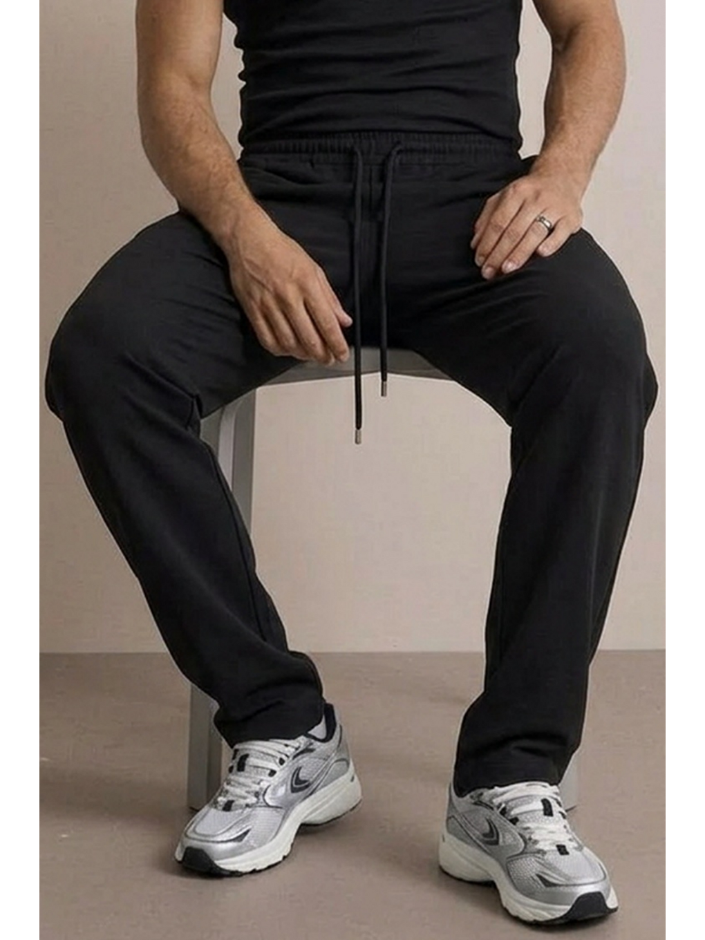 Erkek Beli Lastikli Rahat Siyah Bol Pantolon-5