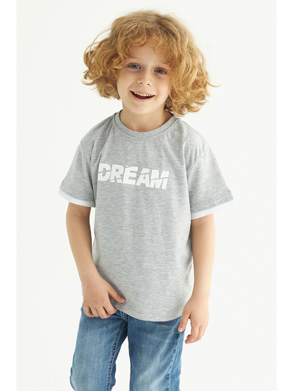Bisiklet Yaka Kısa Kol Dreams Baskılı Kısa Kol Gri Renk Erkek Çocuk Tshirt