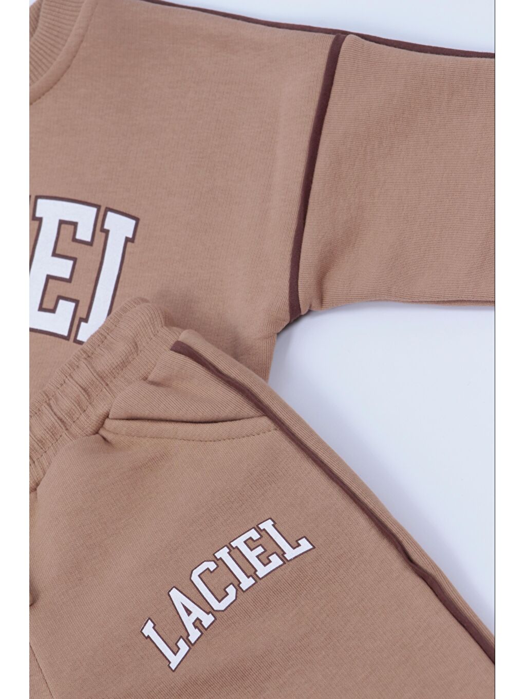 Bej Unisex Çocuk Slogan Desenli Pamuklu Sweatshirt Eşofman Tayt Alt-Üst Takım-2