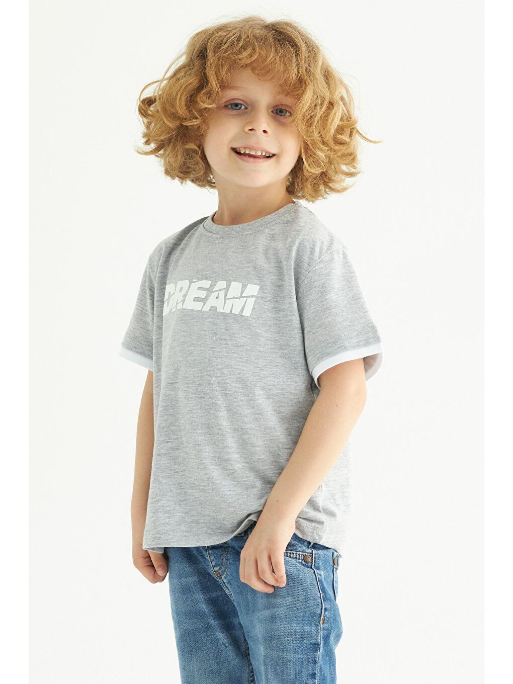 Bisiklet Yaka Kısa Kol Dreams Baskılı Kısa Kol Gri Renk Erkek Çocuk Tshirt-1