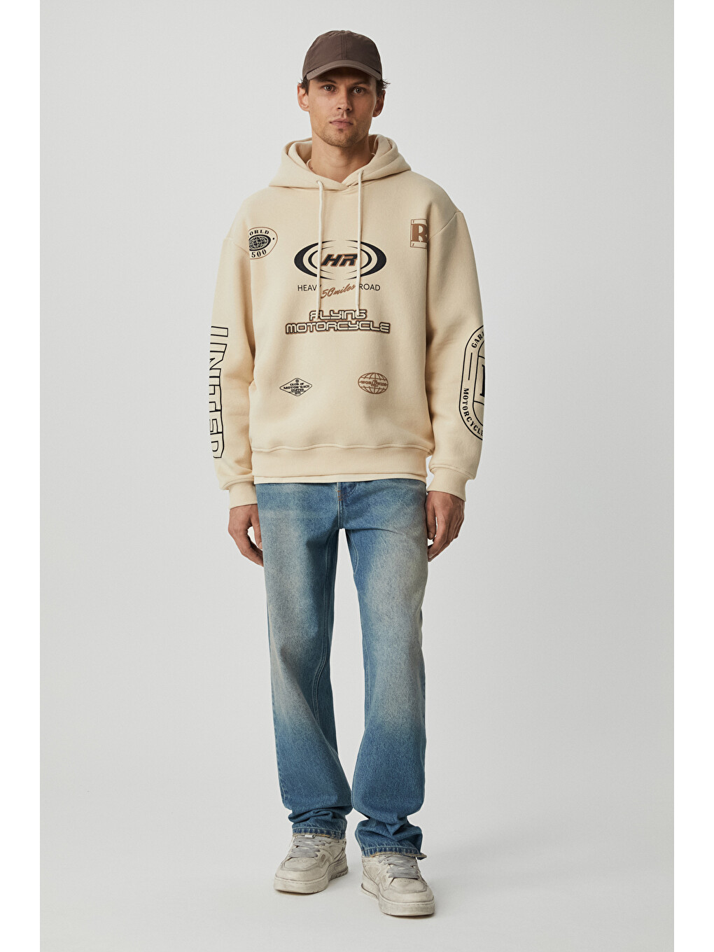 Mıles Erkek Kapüşonlu Yumuşacık Oversize Bej Sweatshirt-4