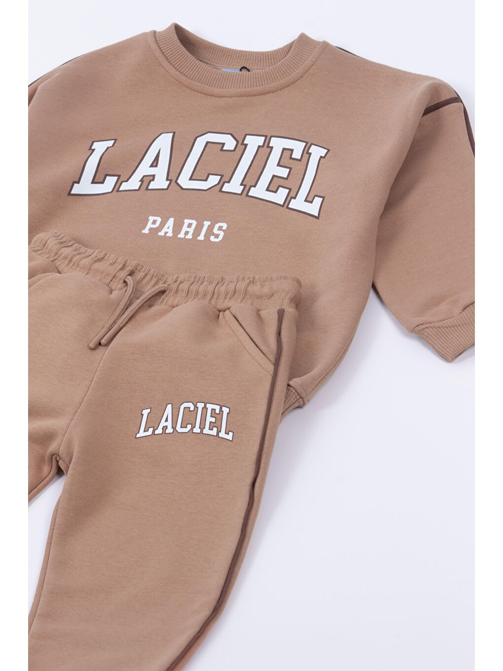 Bej Unisex Çocuk Slogan Desenli Pamuklu Sweatshirt Eşofman Tayt Alt-Üst Takım-3