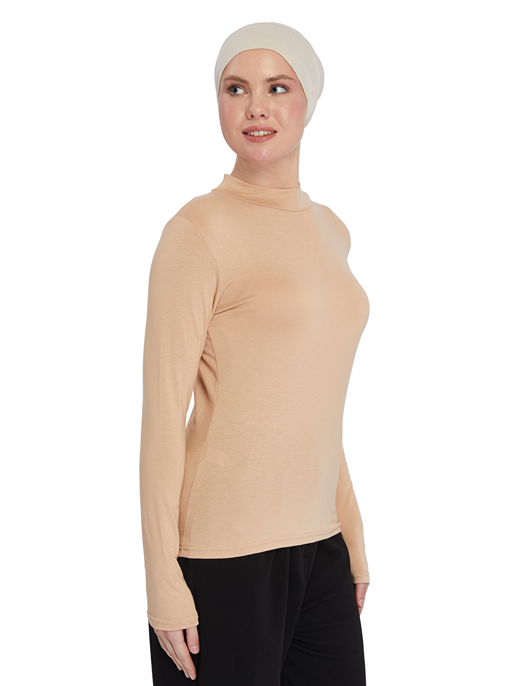 Bej Kadın Organik Uzun Kollu Balıkçı Yakalı Body-2