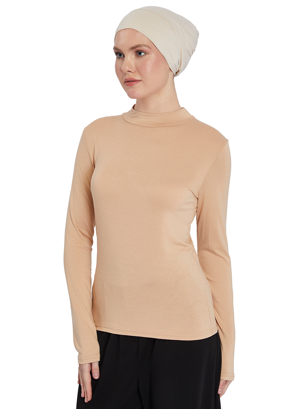 Bej Kadın Organik Uzun Kollu Balıkçı Yakalı Body-3