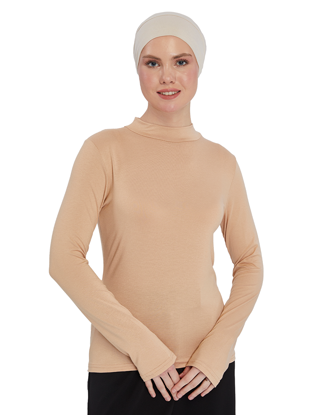 Bej Kadın Organik Uzun Kollu Balıkçı Yakalı Body-4