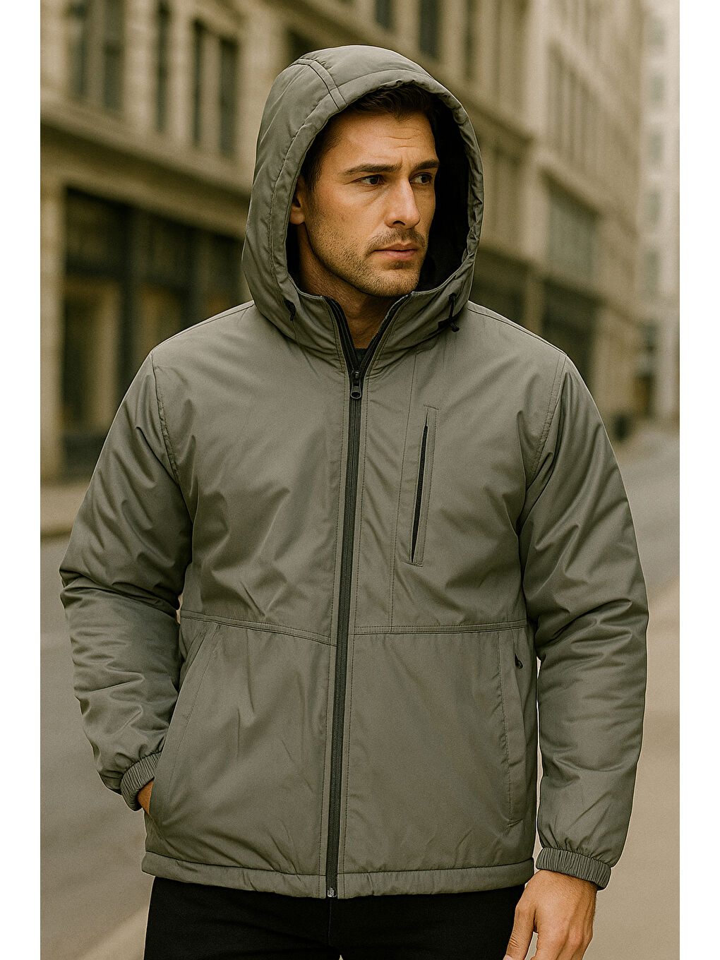 Erkek Kapüşonlu Cep Detaylı İçi Polar Kışlık Mont 2571 Haki