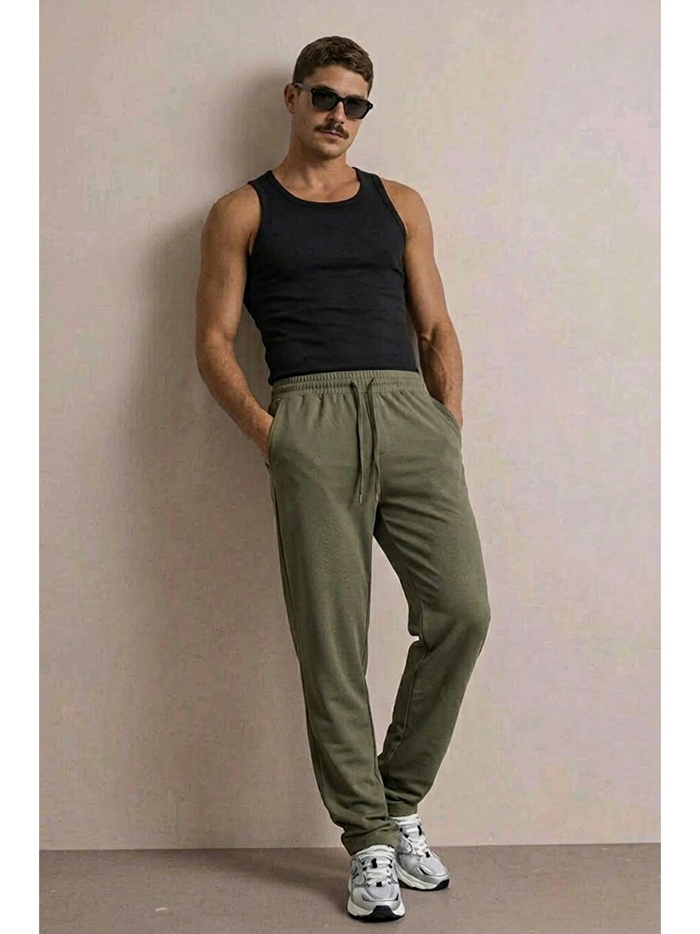 Erkek Beli Lastikli Rahat Haki Bol Pantolon-2