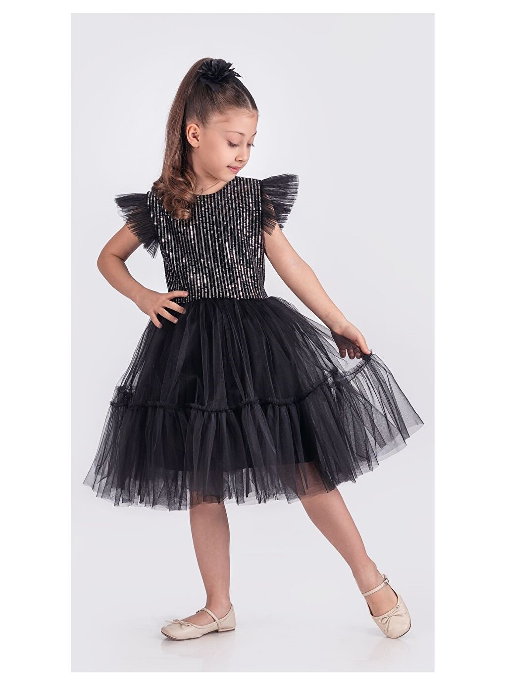 Siyah Pul Payet Katkat Tütü Etekli Kız Çocuk Elbise M00722-5