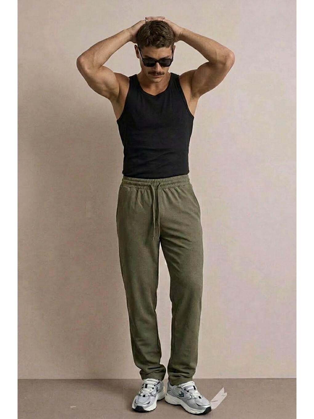 Erkek Beli Lastikli Rahat Haki Bol Pantolon-3