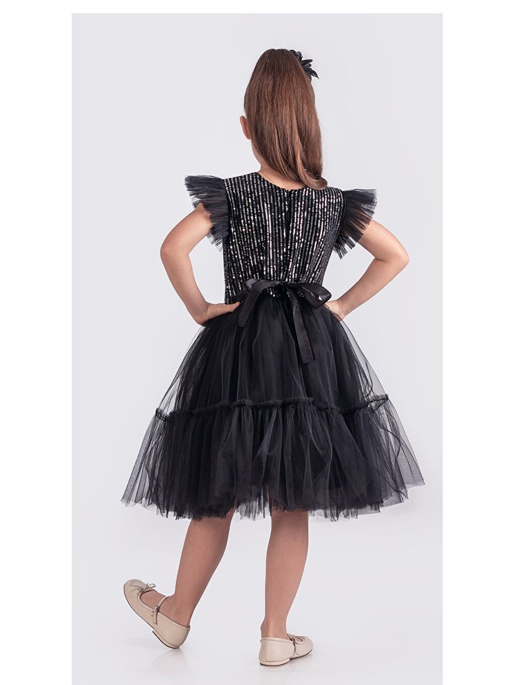 Siyah Pul Payet Katkat Tütü Etekli Kız Çocuk Elbise M00722-6