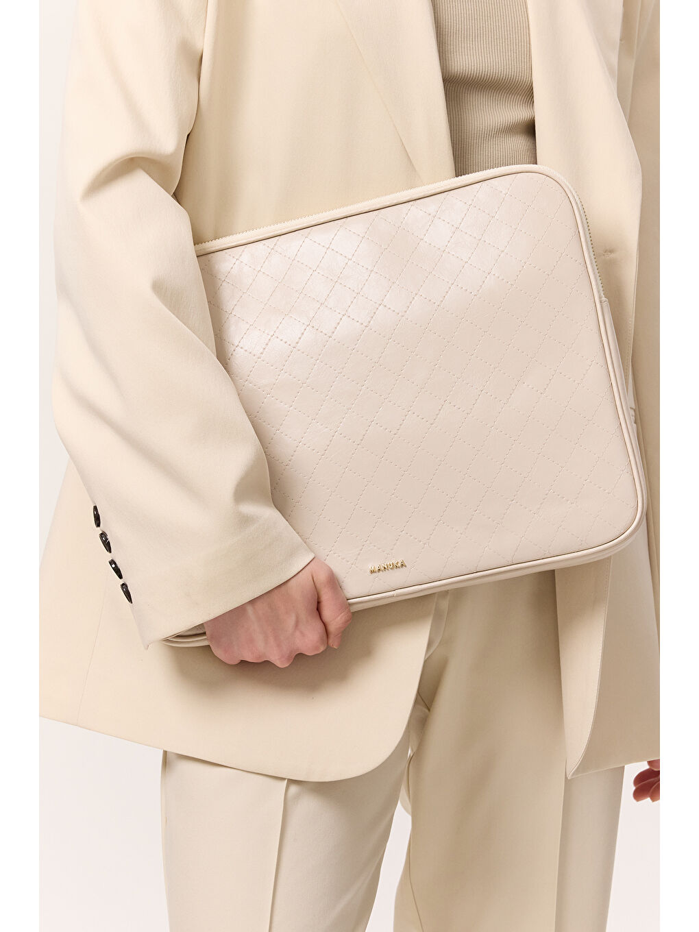 Kapitone Laptop Çantası Bej-3