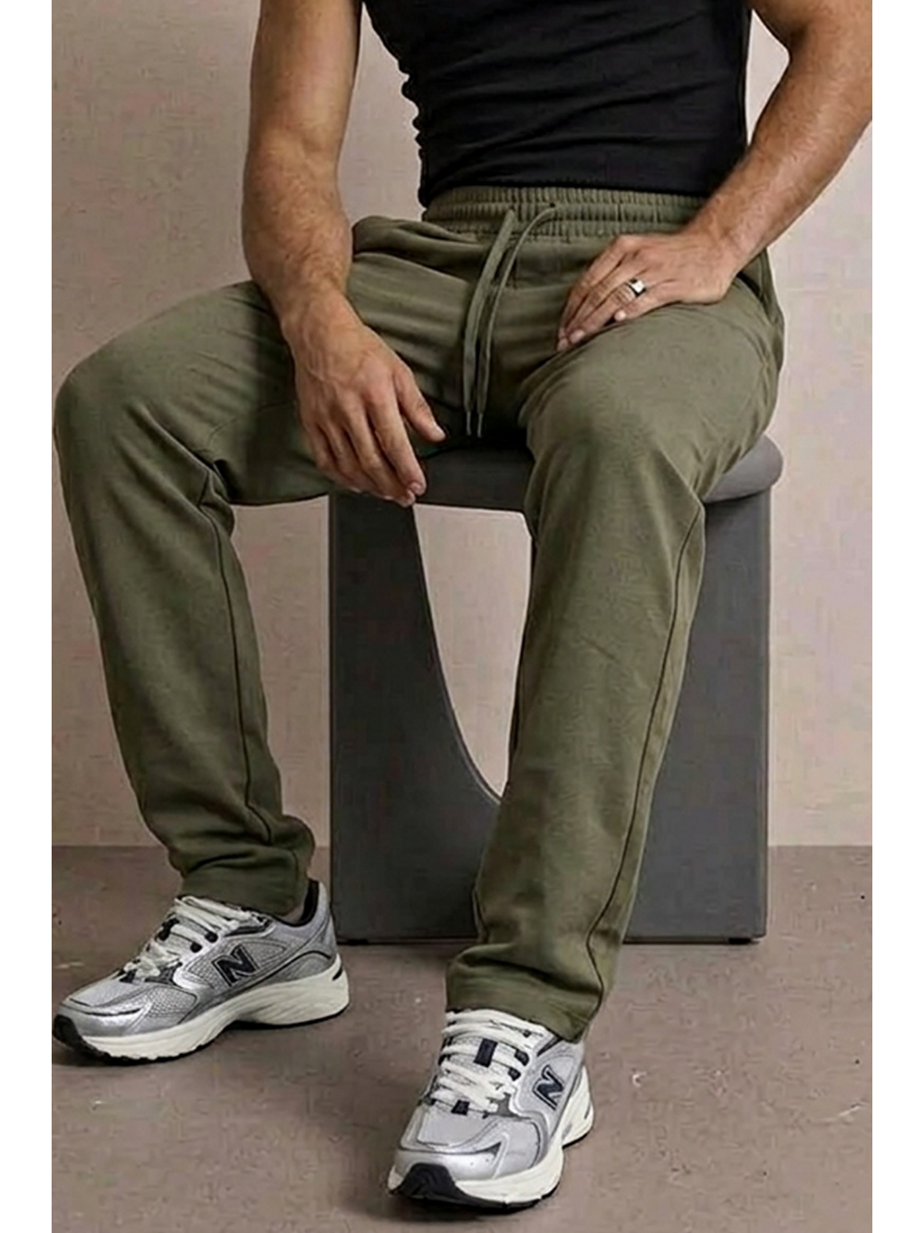 Erkek Beli Lastikli Rahat Haki Bol Pantolon-5