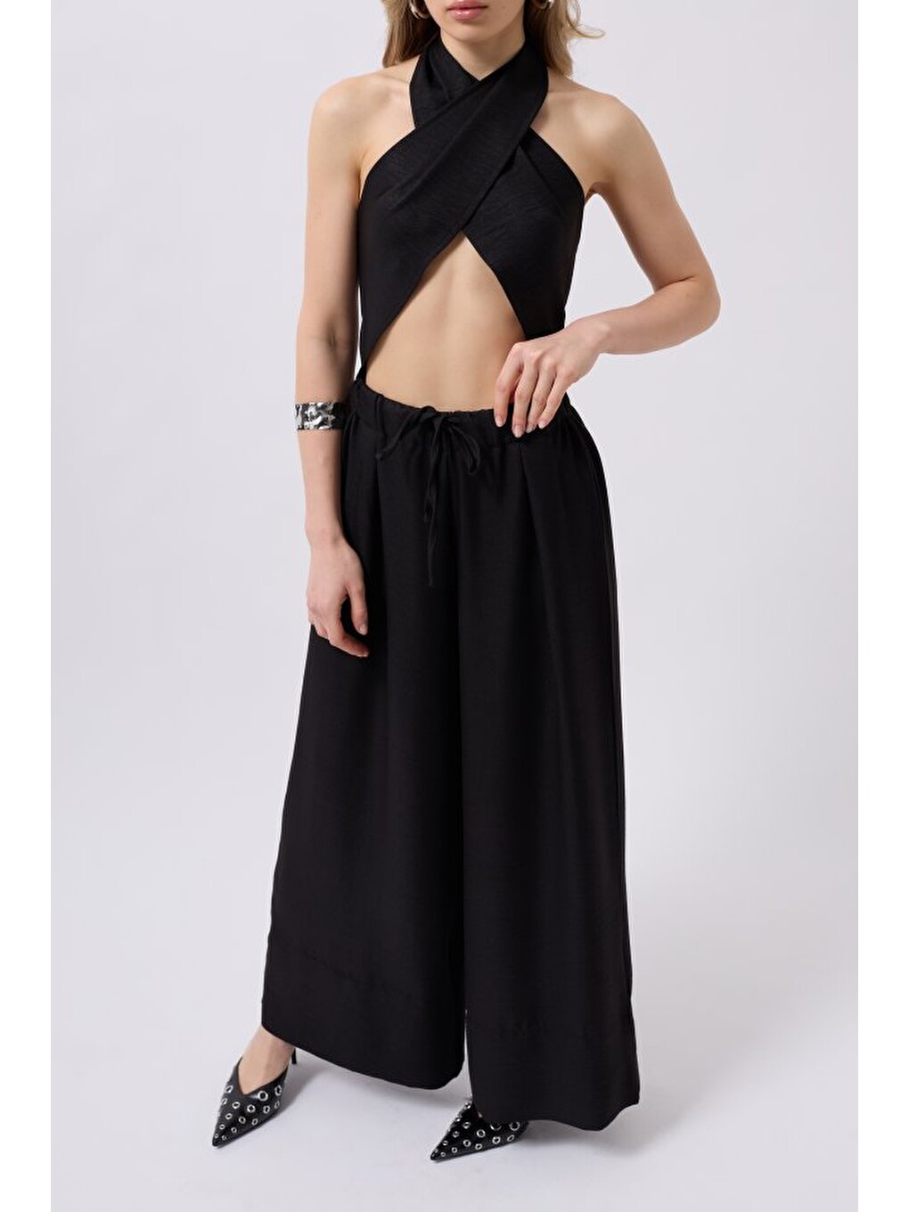 Siyah Düşük Bel Oversize Keten Pantolon-1