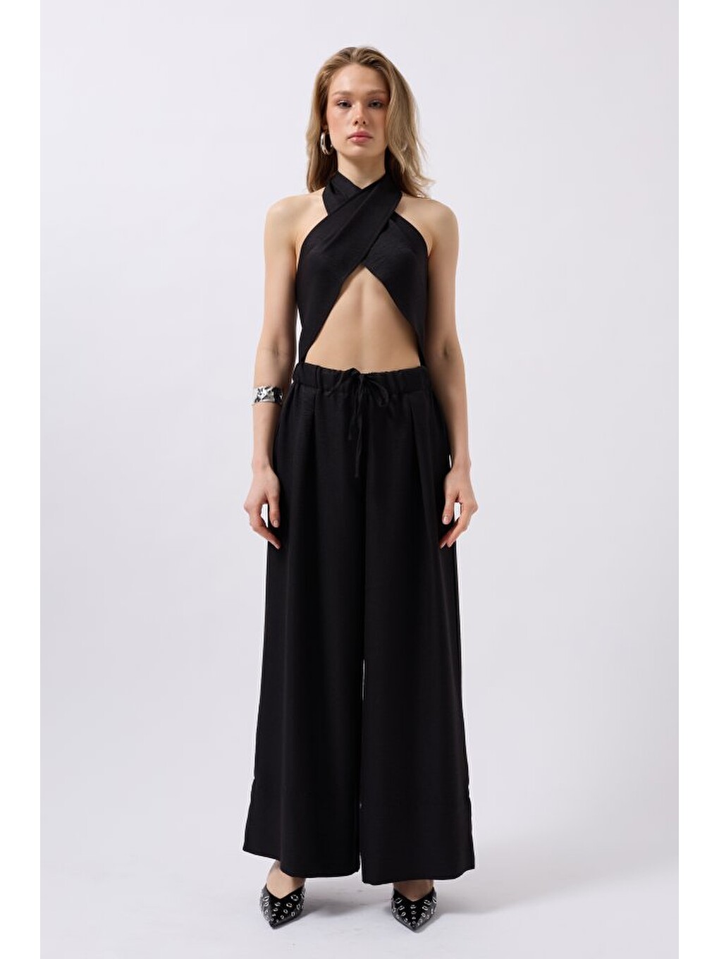 Siyah Düşük Bel Oversize Keten Pantolon-2