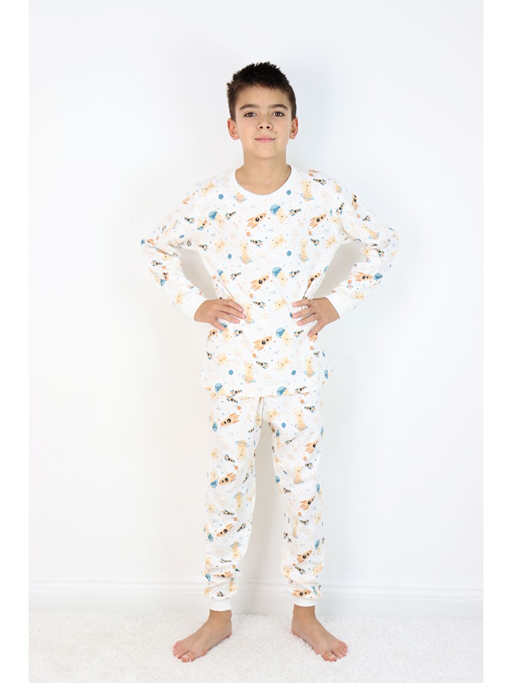 Beyaz Erkek Çocuk Baskılı interlok Kumaş Uzun Kollu Pijama Takımı-3