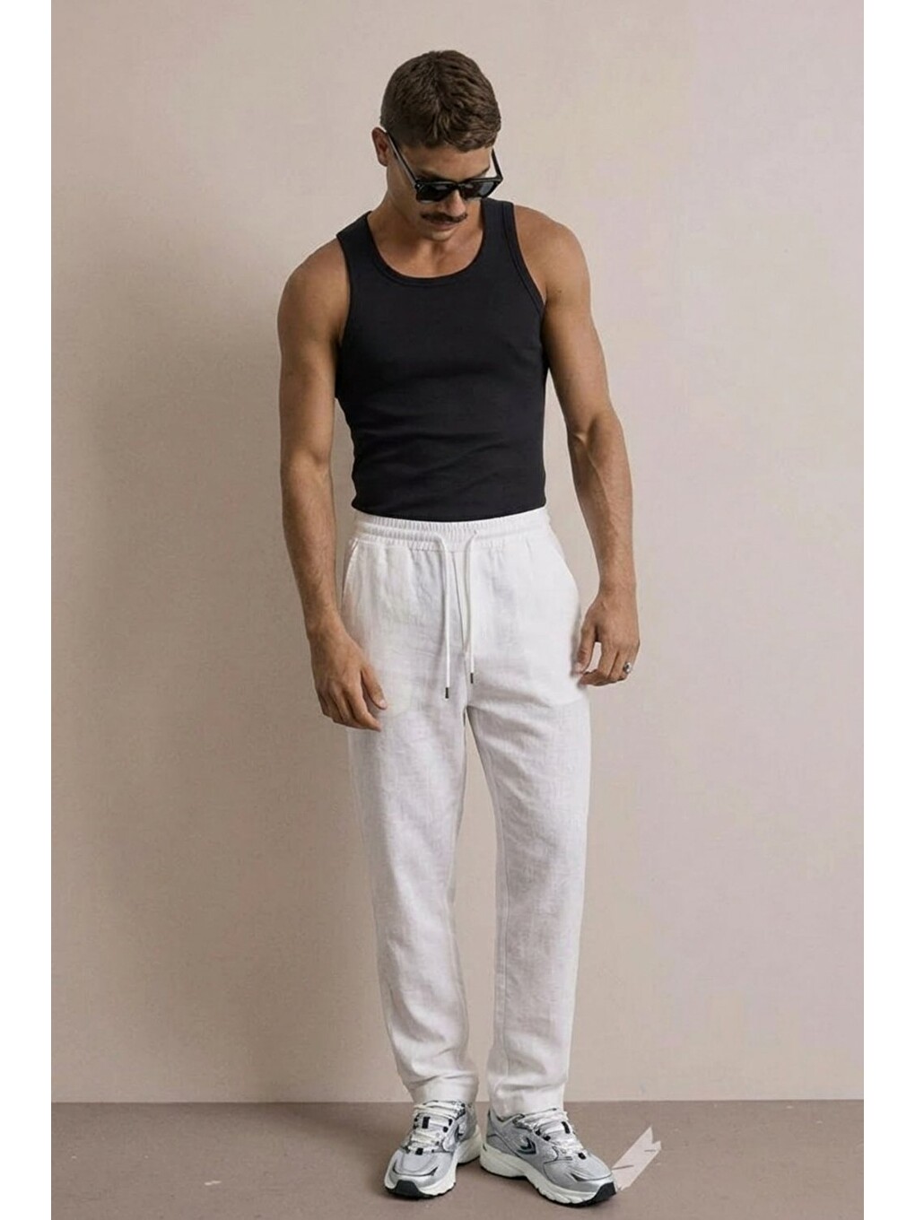 Erkek Beli Lastikli Rahat Beyaz Bol Pantolon