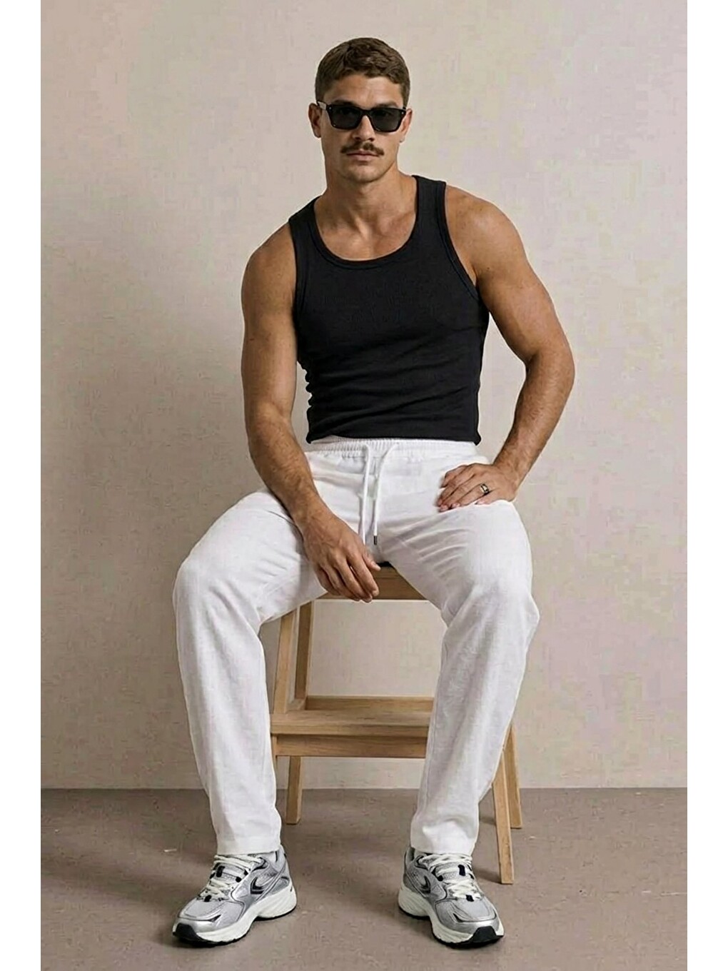Erkek Beli Lastikli Rahat Beyaz Bol Pantolon-1