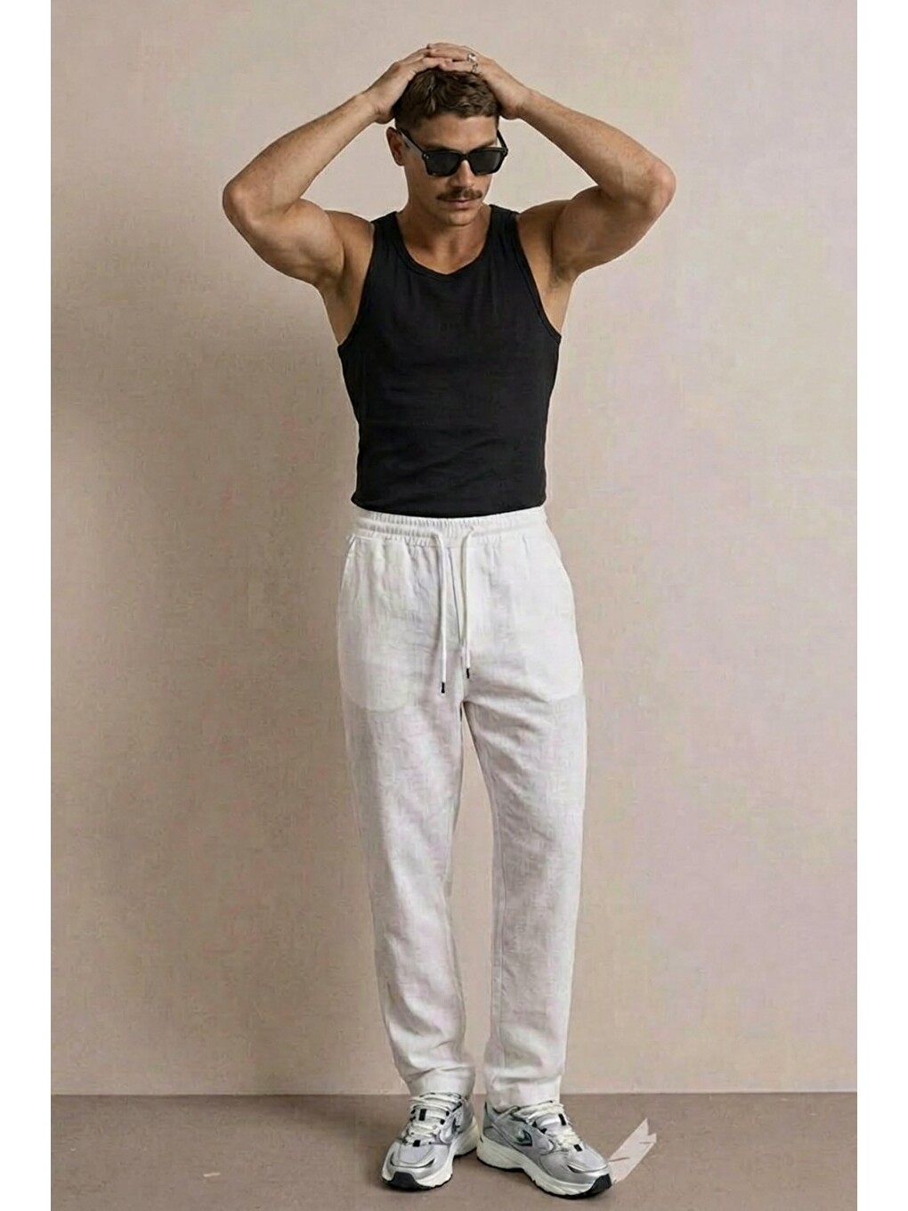 Erkek Beli Lastikli Rahat Beyaz Bol Pantolon-3