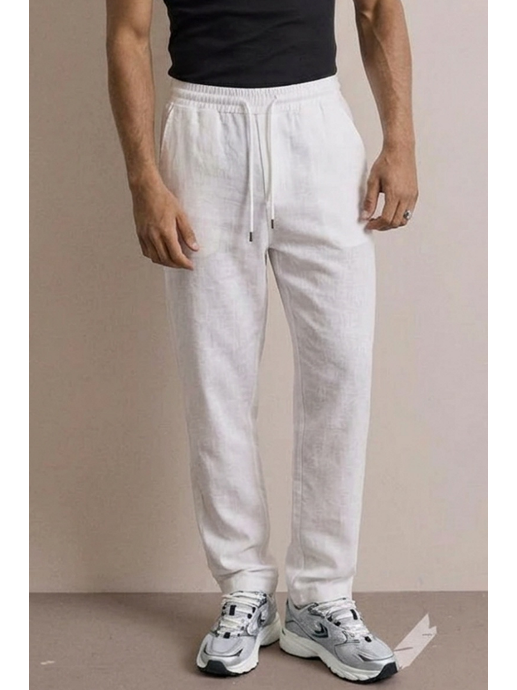Erkek Beli Lastikli Rahat Beyaz Bol Pantolon-4