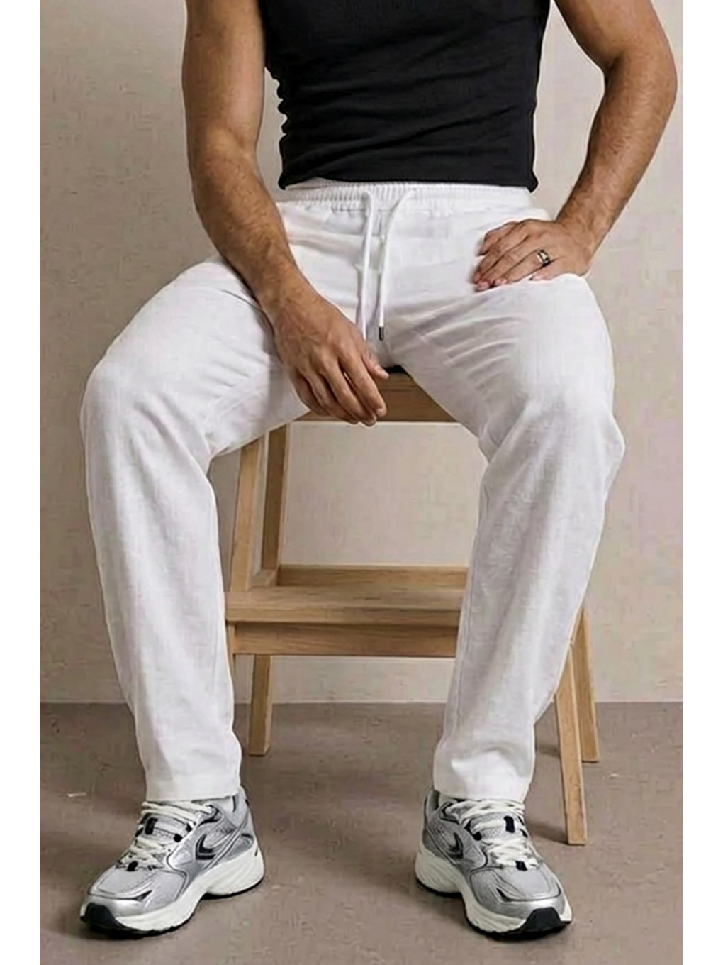 Erkek Beli Lastikli Rahat Beyaz Bol Pantolon-5