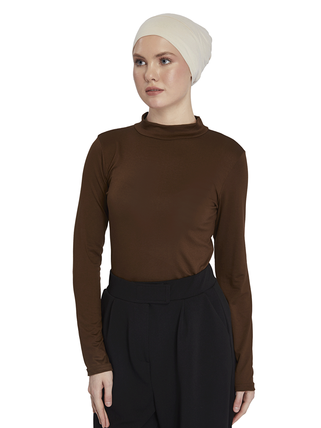 Kahverengi Kadın Organik Uzun Kollu Balıkçı Yakalı Body-1