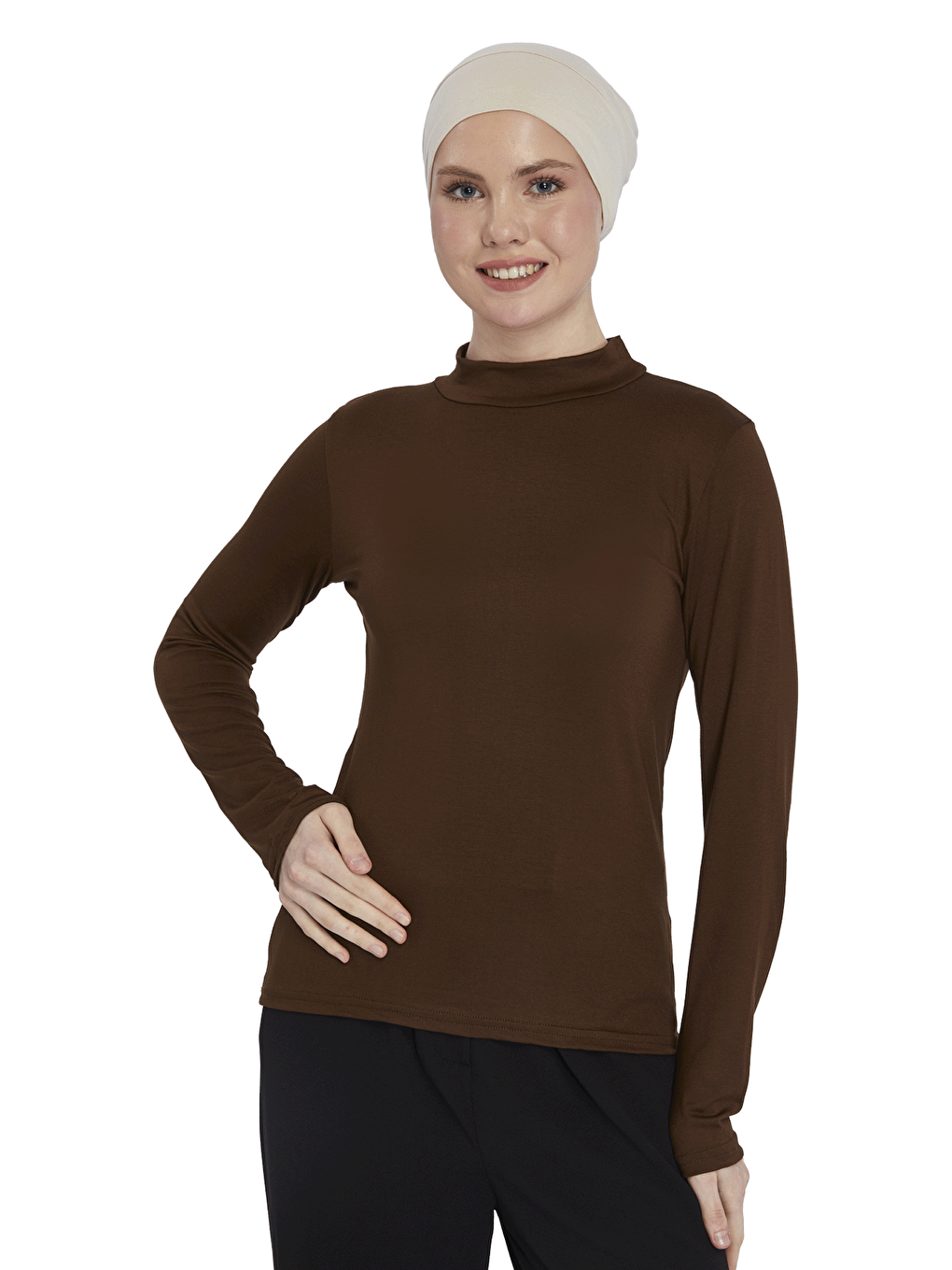 Kahverengi Kadın Organik Uzun Kollu Balıkçı Yakalı Body-2