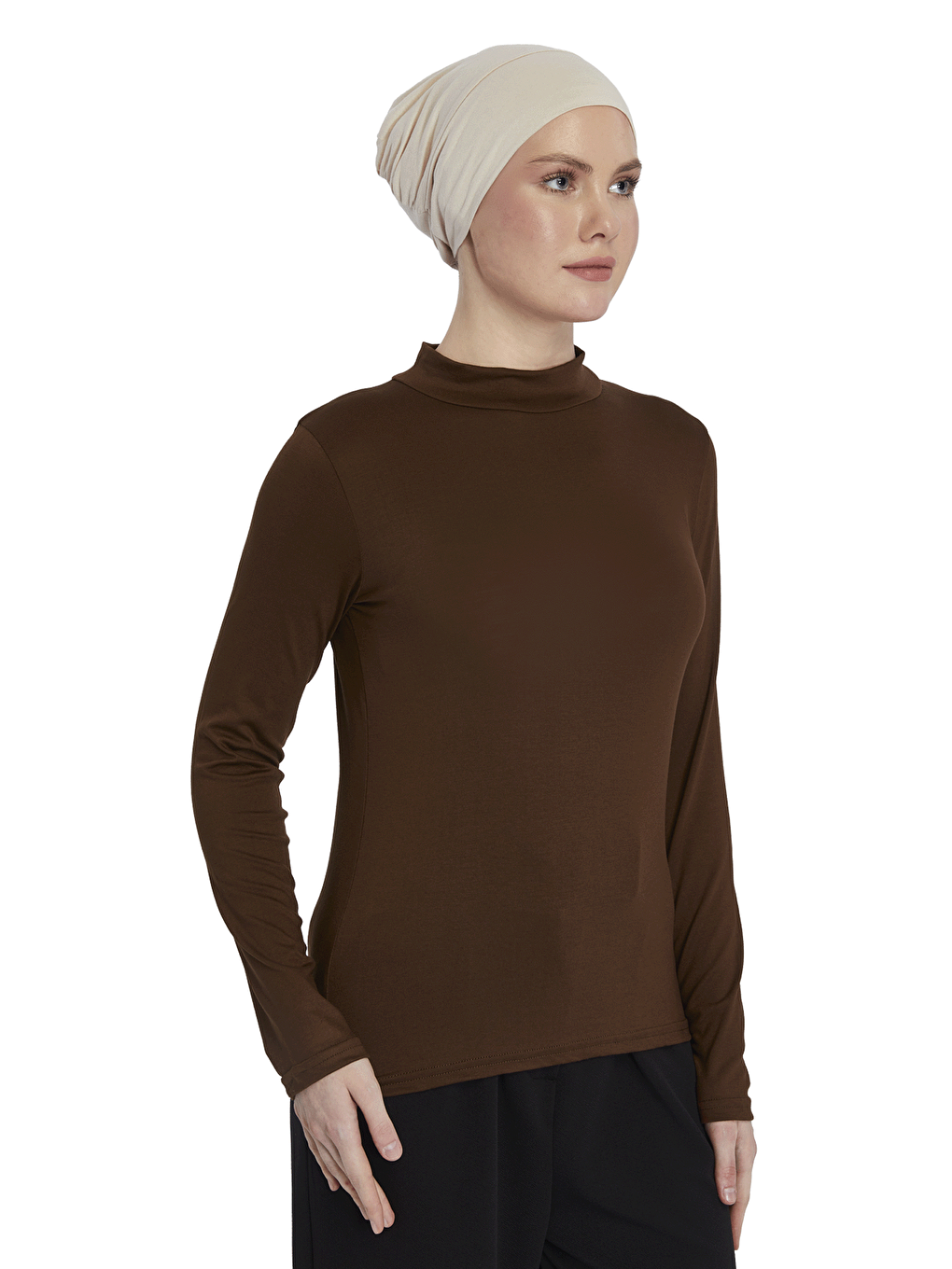 Kahverengi Kadın Organik Uzun Kollu Balıkçı Yakalı Body-3