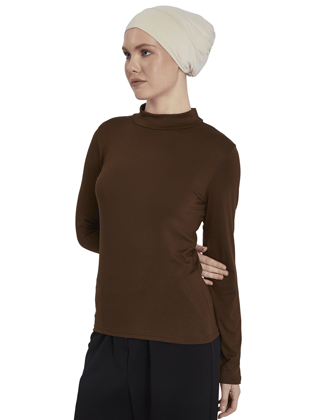 Kahverengi Kadın Organik Uzun Kollu Balıkçı Yakalı Body-4