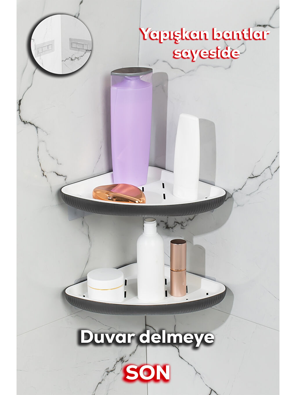 Porsima Koyu Siyah Banyo Yapışkanlı Banyo Köşeliği Rafı, 2'li Banyo Düzenleyici, Duvar Duş Rafı Banyo Köşe Şampuanlık- - 1