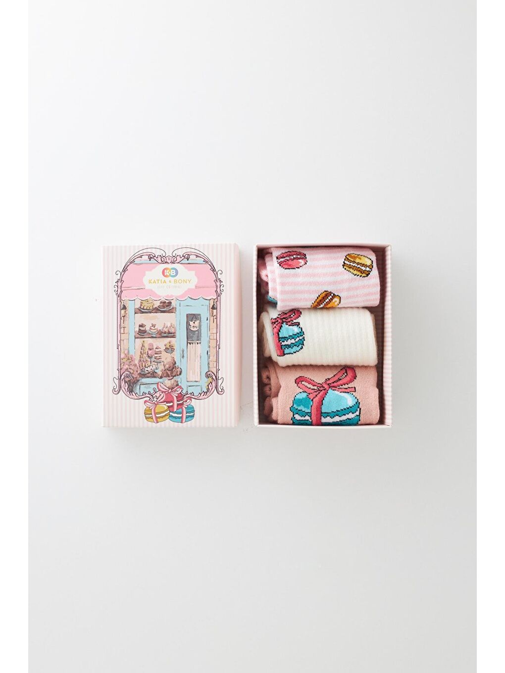 Pembe Kız Çocuk Makaron Desenli 3'Lü Kutulu Soket Çorap-2