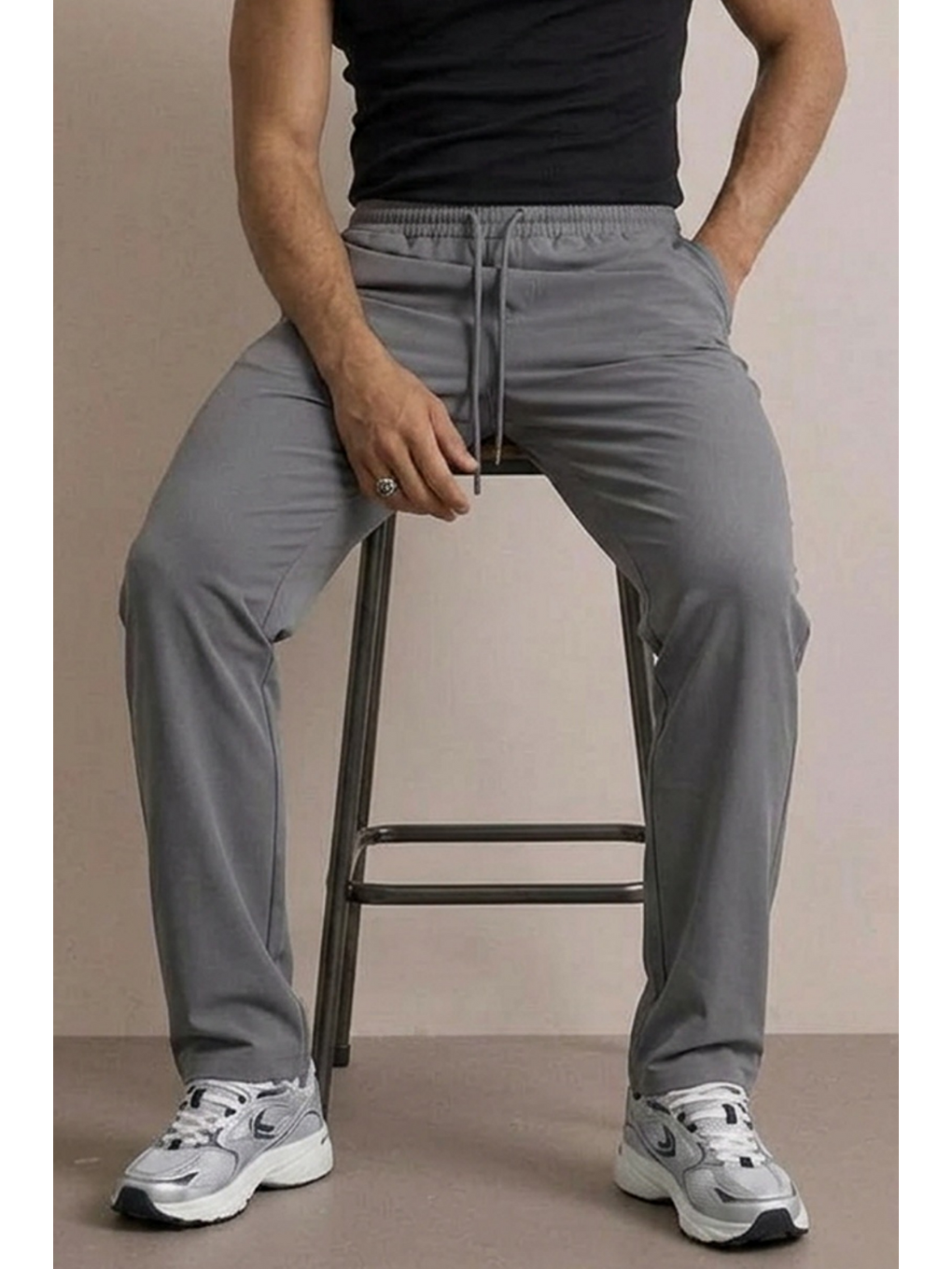 Erkek Beli Lastikli Rahat Antrasit Bol Pantolon-5