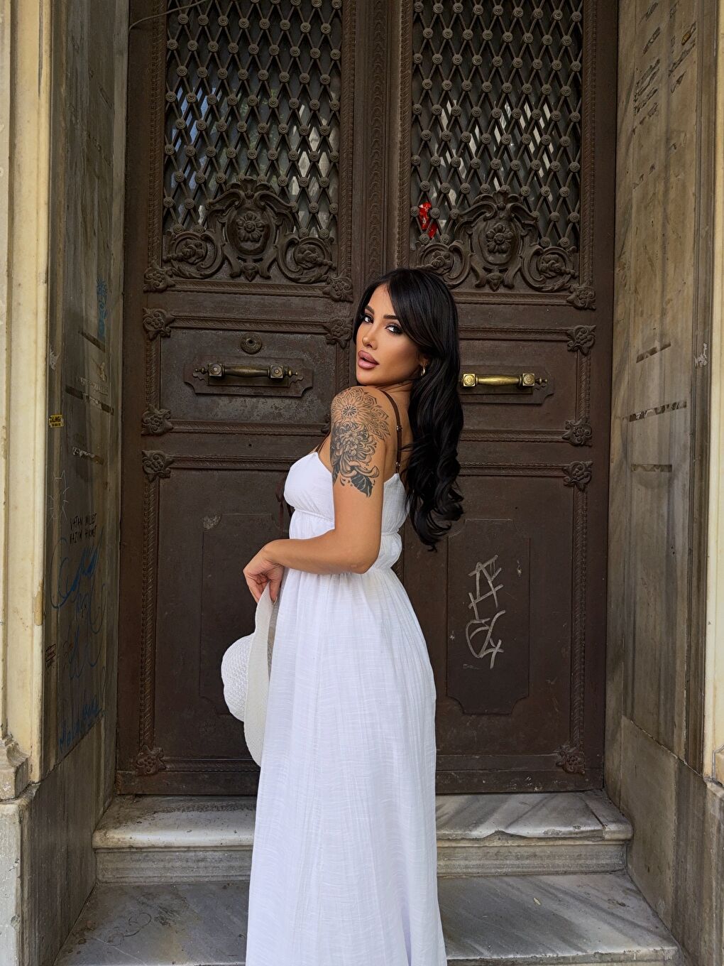 Askılı Göğüs Bağlama Detay Keten Elbise Beyaz-4