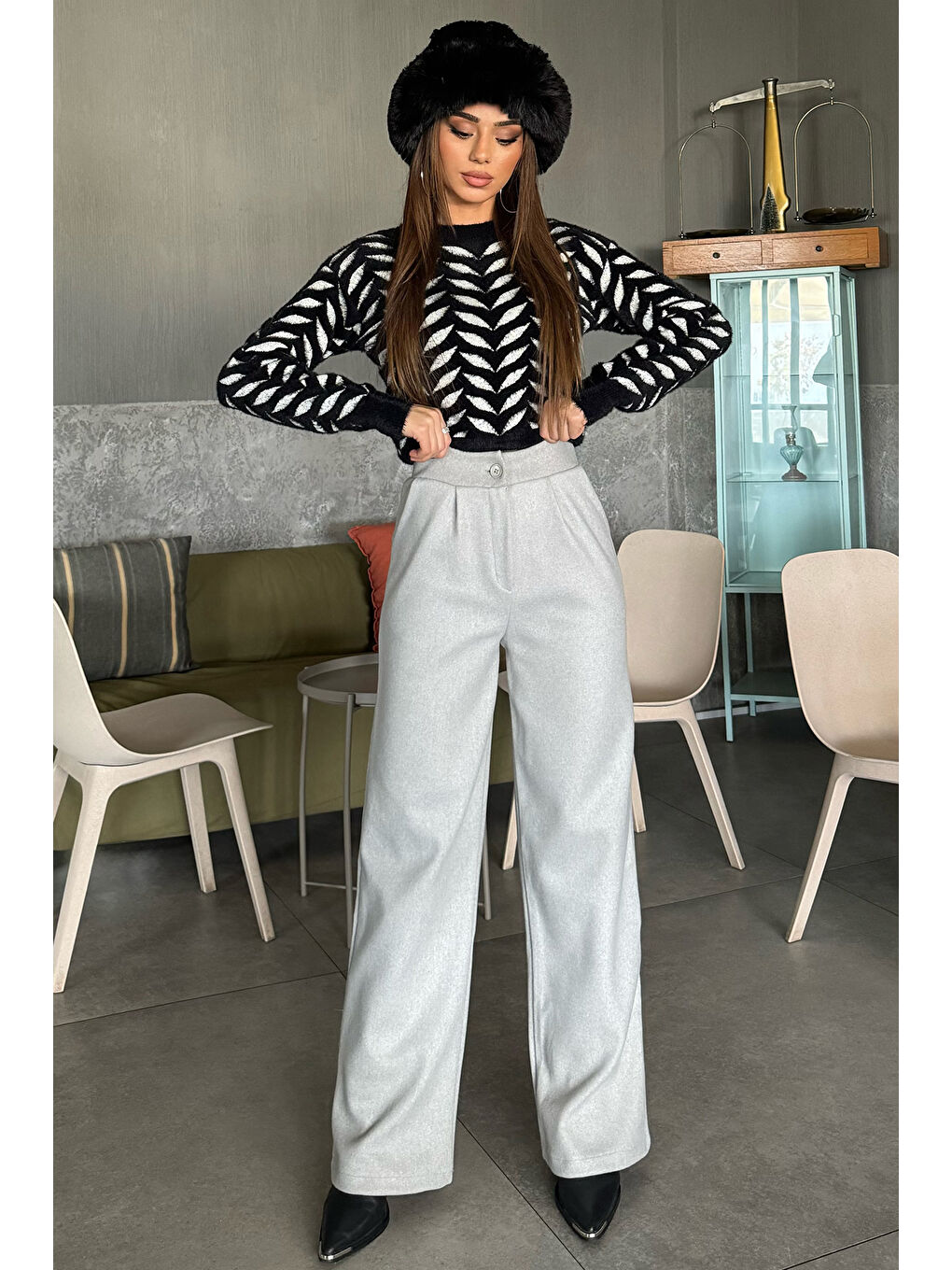 Gri Kadın Kaşe Bol Paça Pantolon