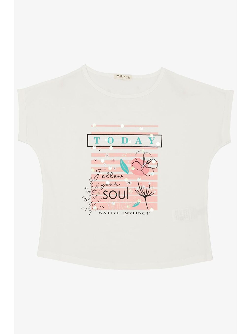 Kız Çocuk Tişört Çiçek & Yazı Baskılı Pullu Ekru (9-14 Yaş)