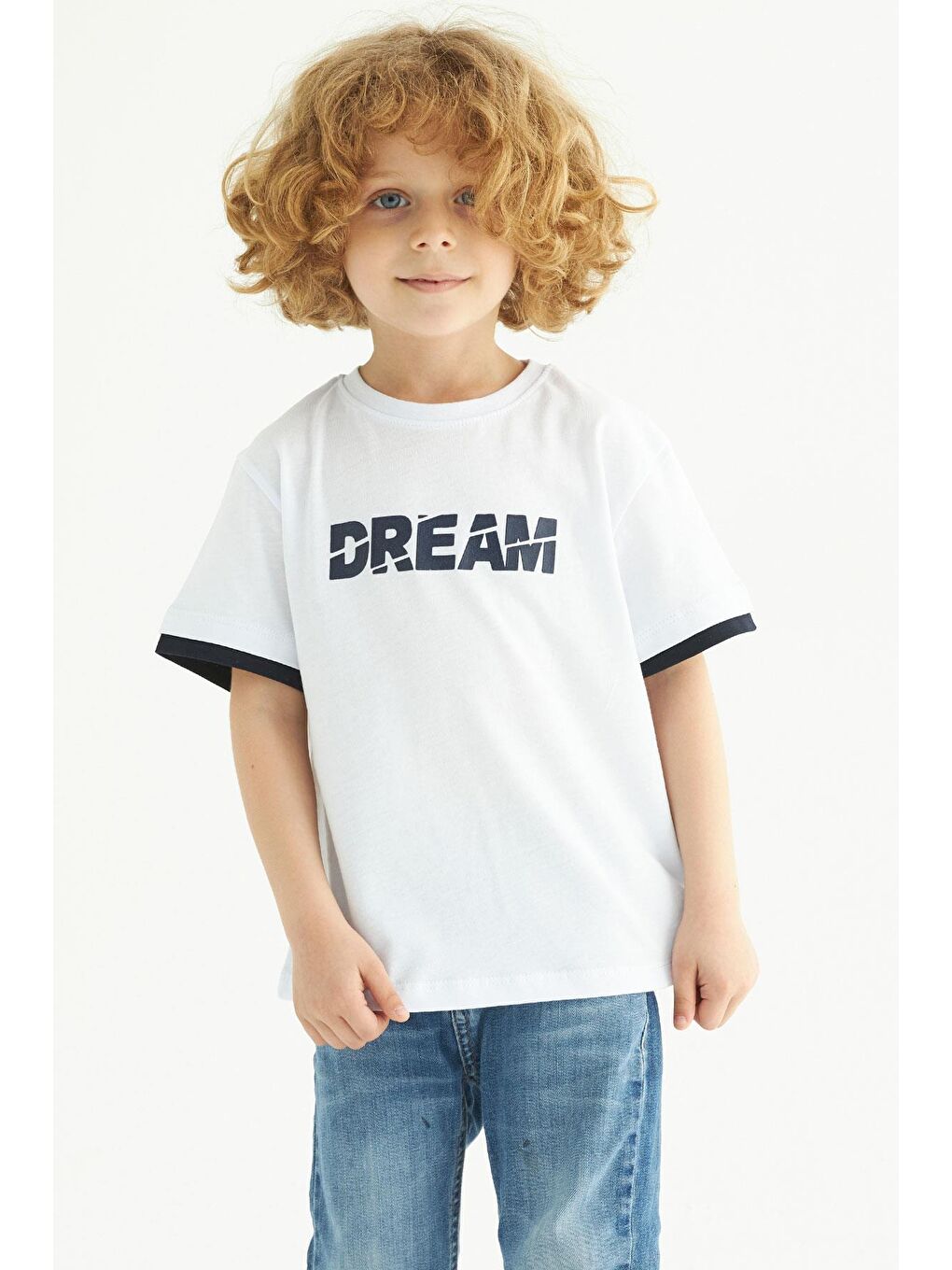 Bisiklet Yaka Kısa Kol Dreams Baskılı Kısa Kol Beyaz Renk Erkek Çocuk Tshirt